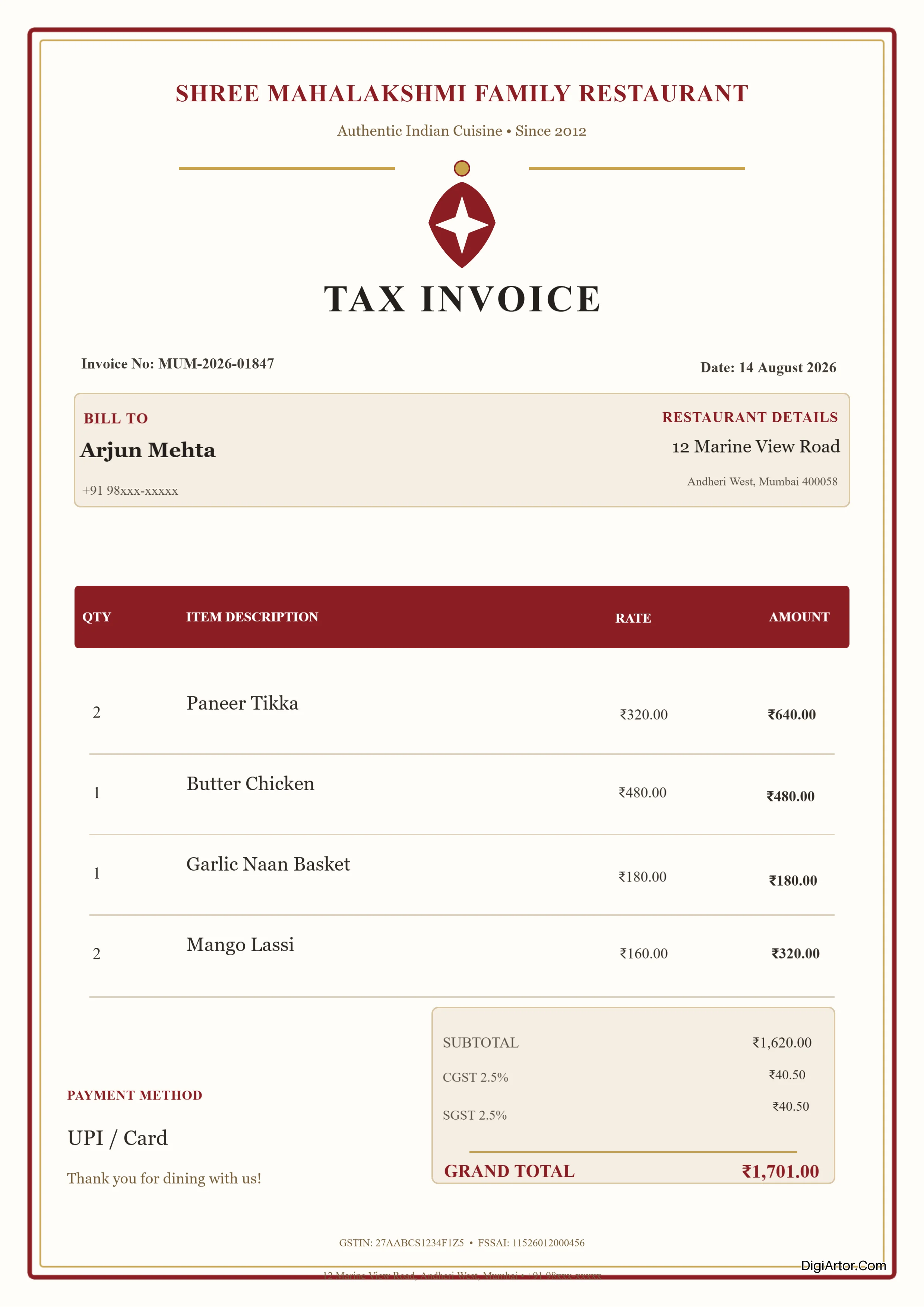 Indian Restaurant Invoice Format Editable Template Reference Image