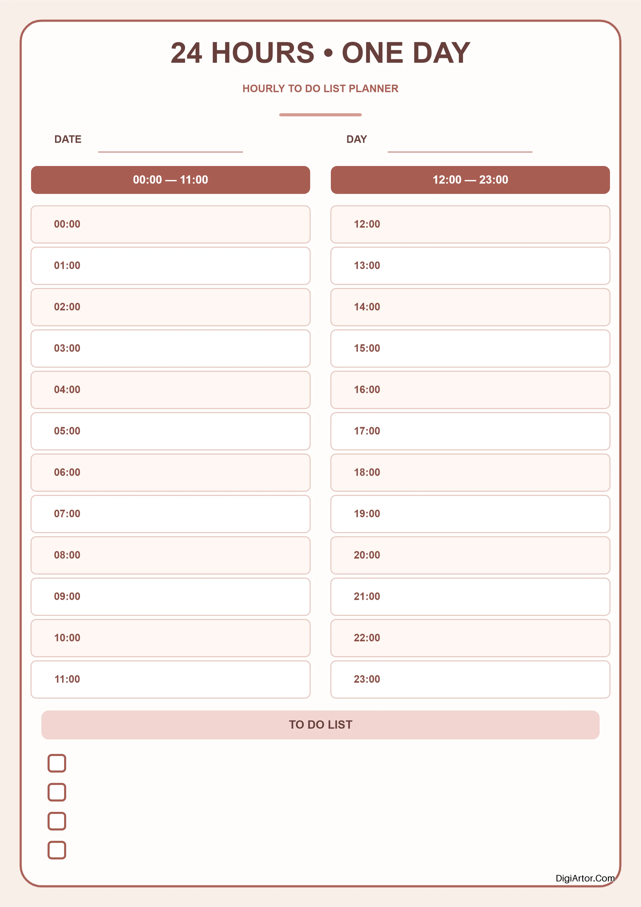Customize a 24 Hour Hourly To Do List Planner For Students, Professionals, Freelancers & Teachers Editable Template Reference Image