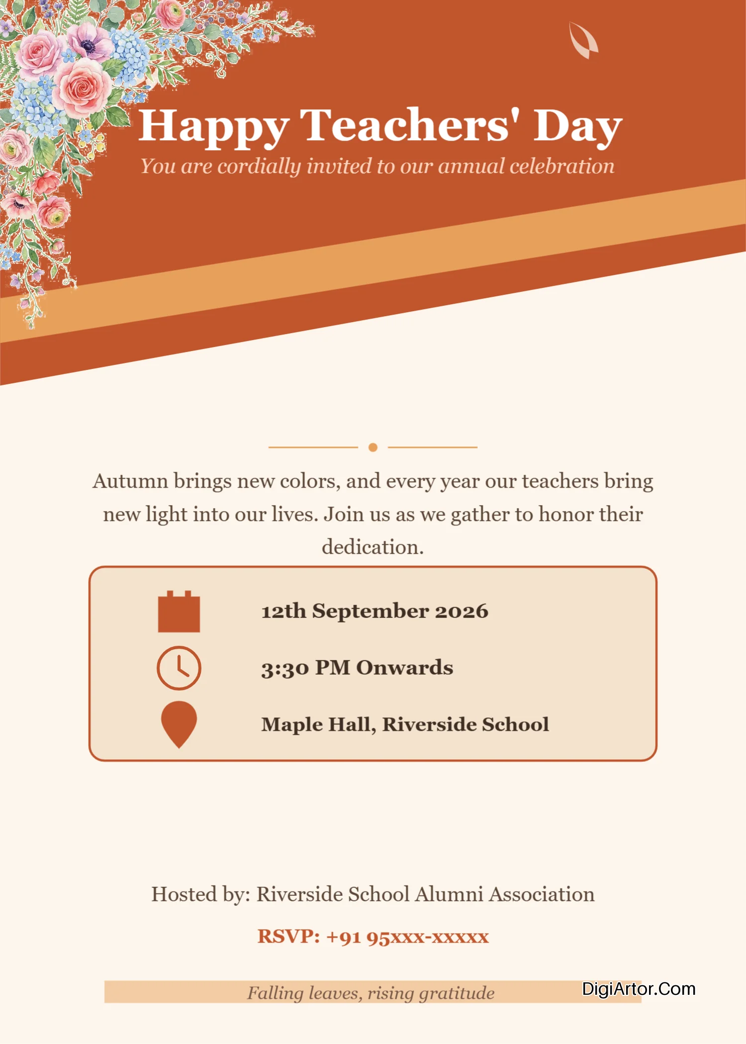 Invitation card for teachers day celebration Autumn Theme Card Customize Download Editable Template Reference Image