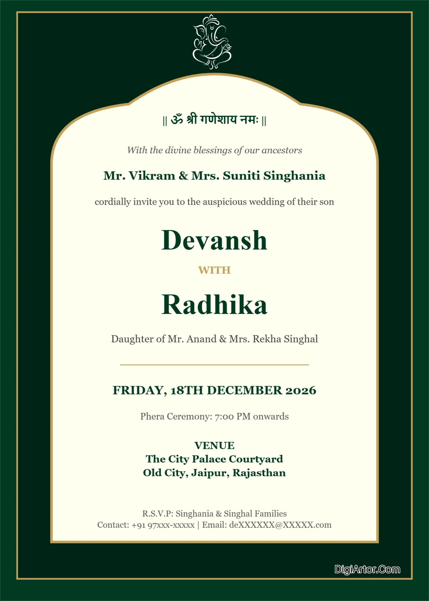 Emerald Gold Mughal Arch Theme Hindu Wedding Invitation Card Template - Editable Editable Template Reference Image