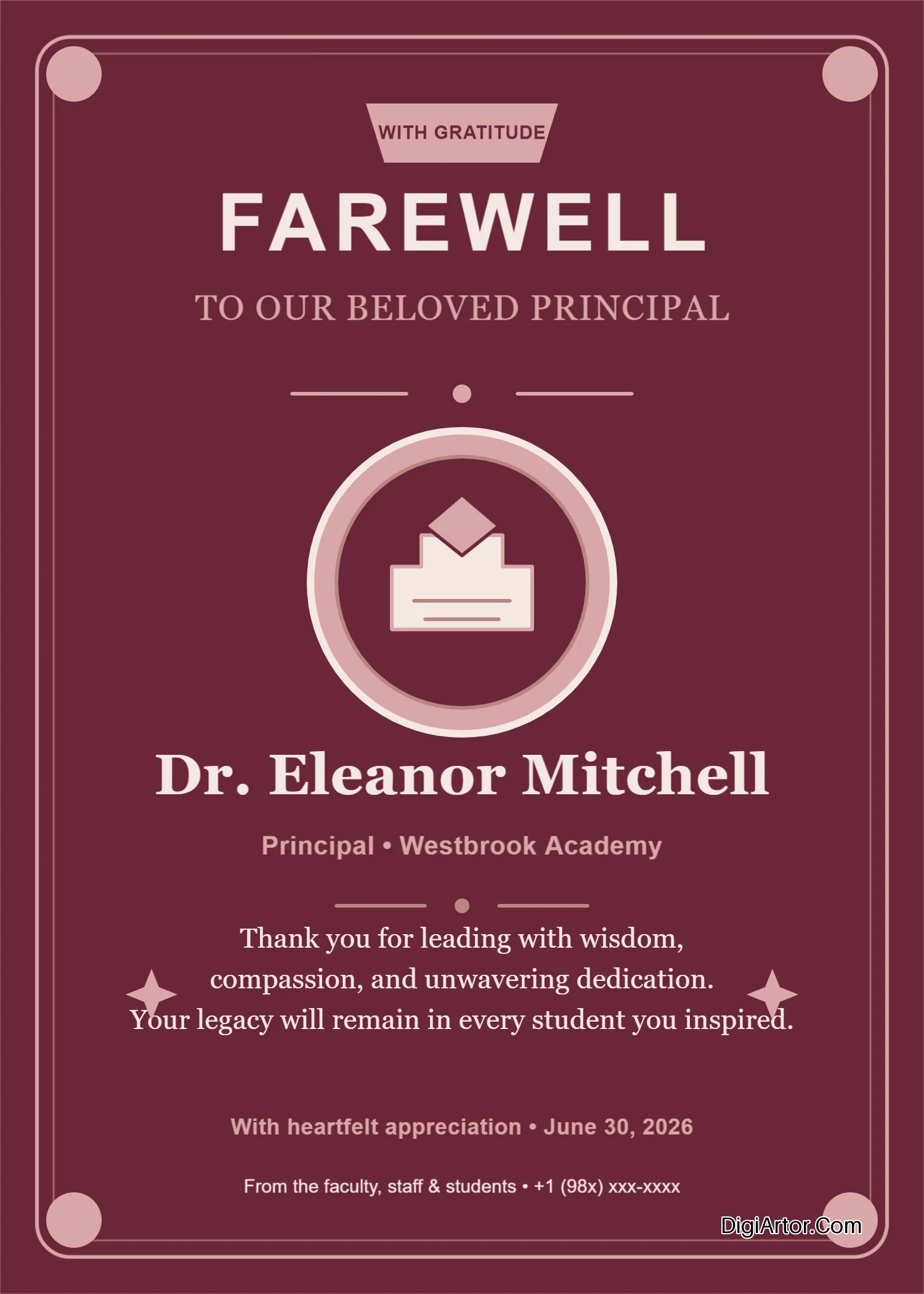 Principal Farewell Greeting Card Editable Template Reference Image