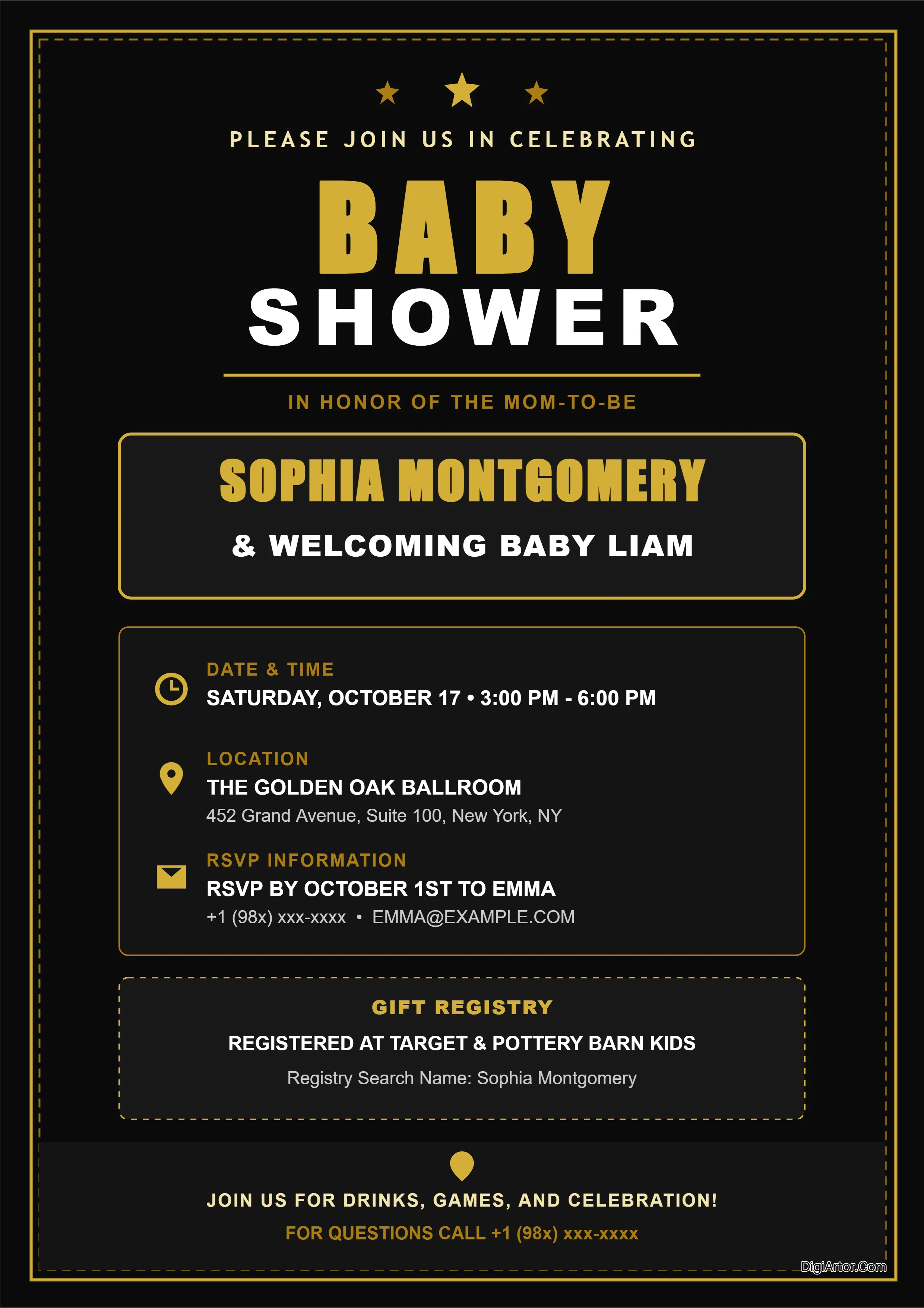 Black Gold Baby Shower Poster Editable Template Reference Image