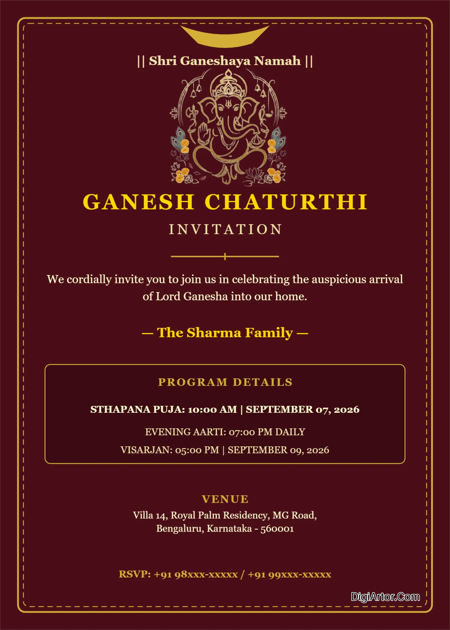 Customize Royal Gold Ganesh Chaturthi Invitation Card Online Editable Template Reference Image