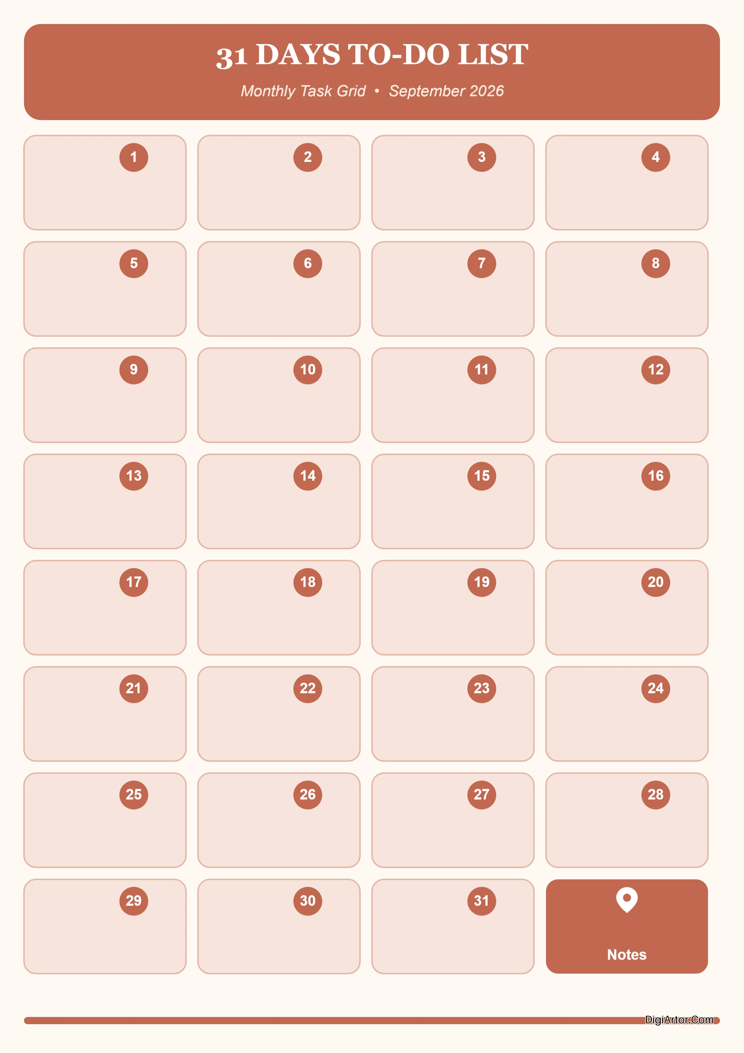 Printable 31Day ToDo List Grid Monthly Planner Customize Download Free Online Editable Template Reference Image