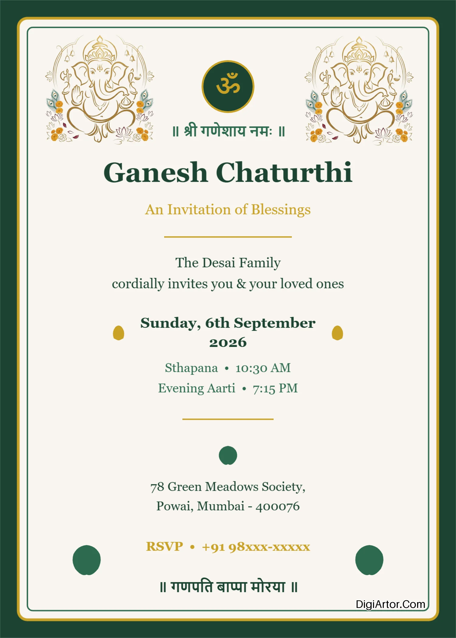 Create Ganpati invitation card online free Editable Template Reference Image