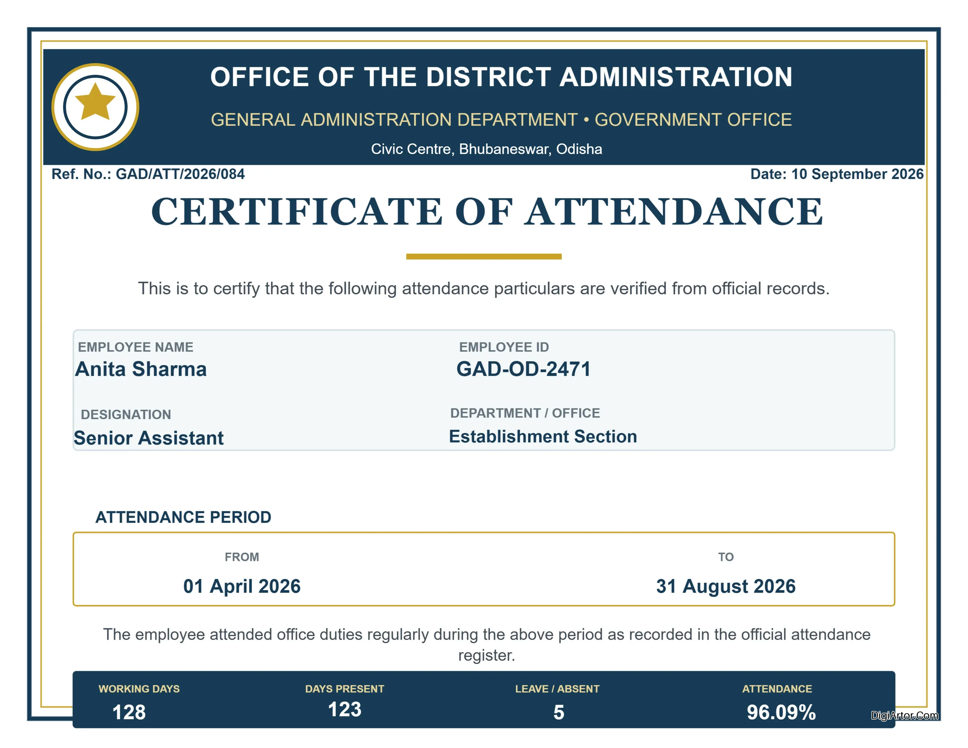 Attendance Certificate Format For Government Employees - Editable Template Editable Template Reference Image