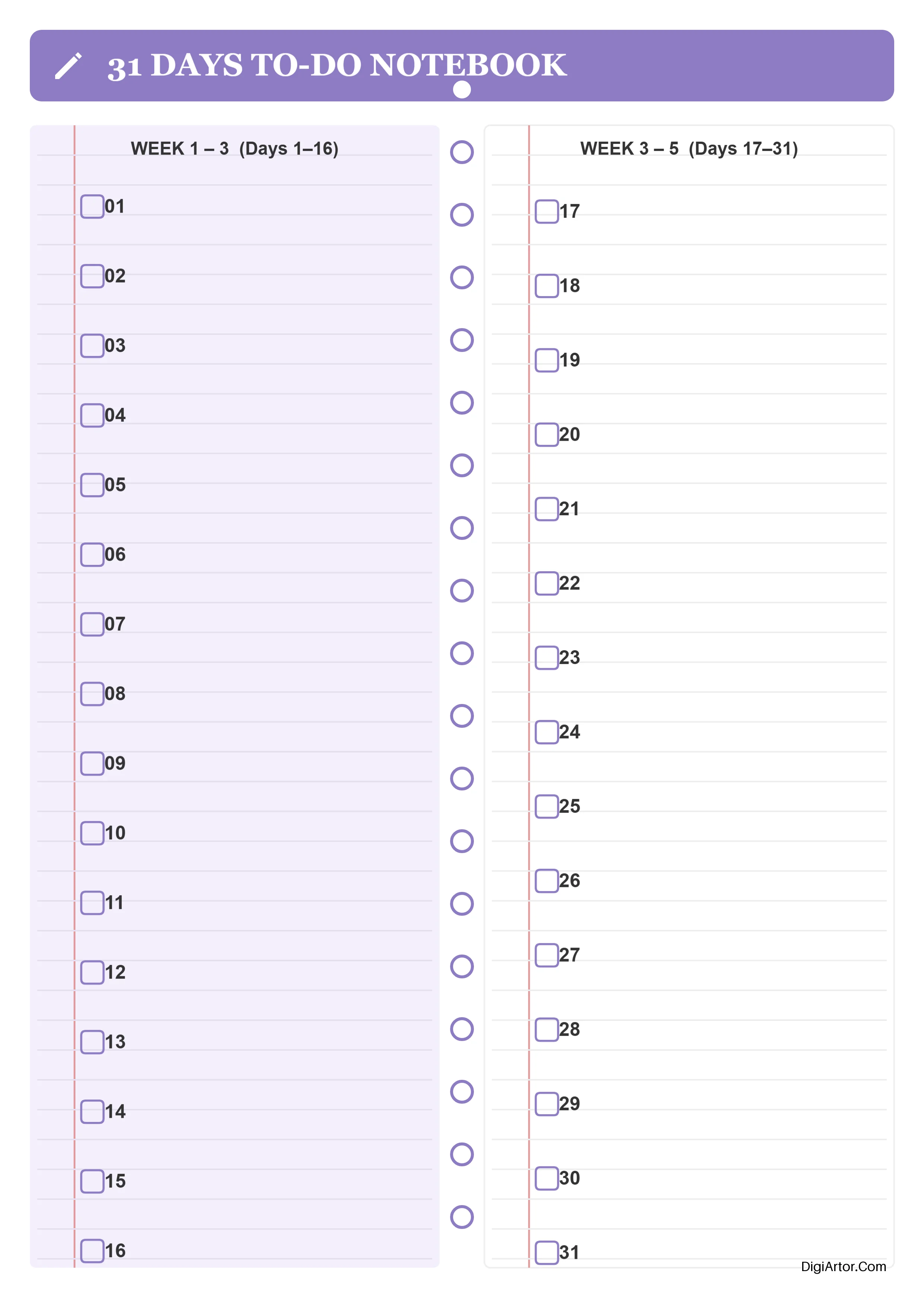31 Day Notebook-Style To-Do List Planner Printable – Customize & Download Online Free Editable Template Reference Image