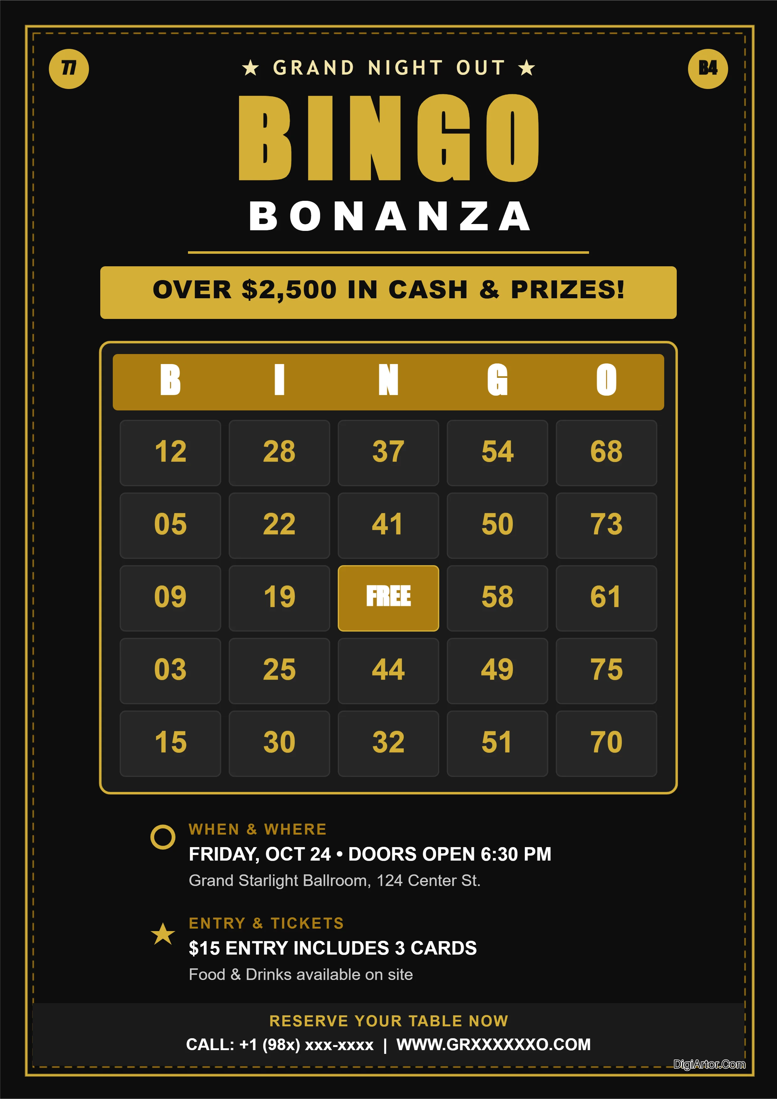 Black Gold Bingo Night Poster Editable Template Reference Image