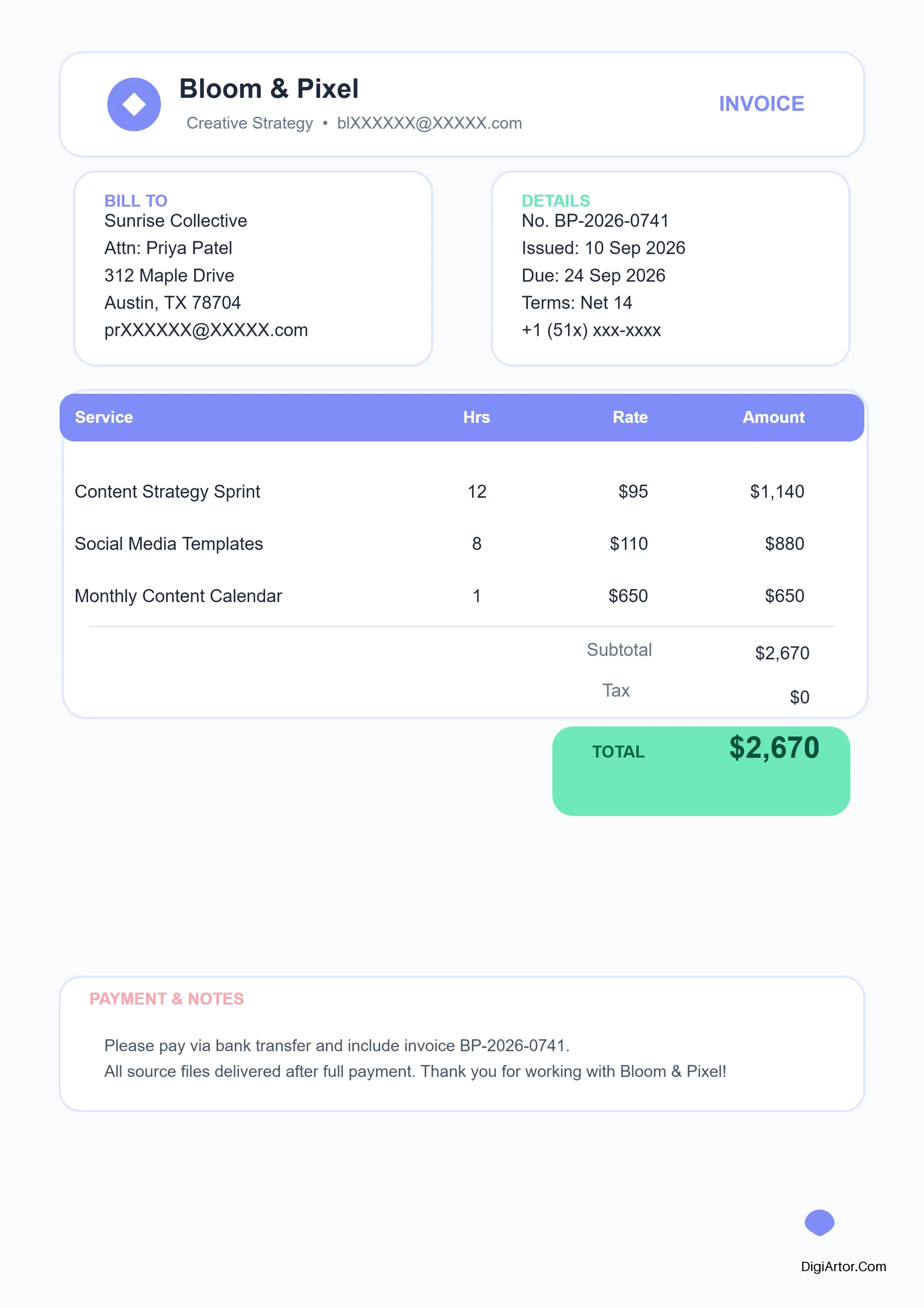 Invoice Template format for Freelance Projects - Edit online & Download in PDF Editable Template Reference Image