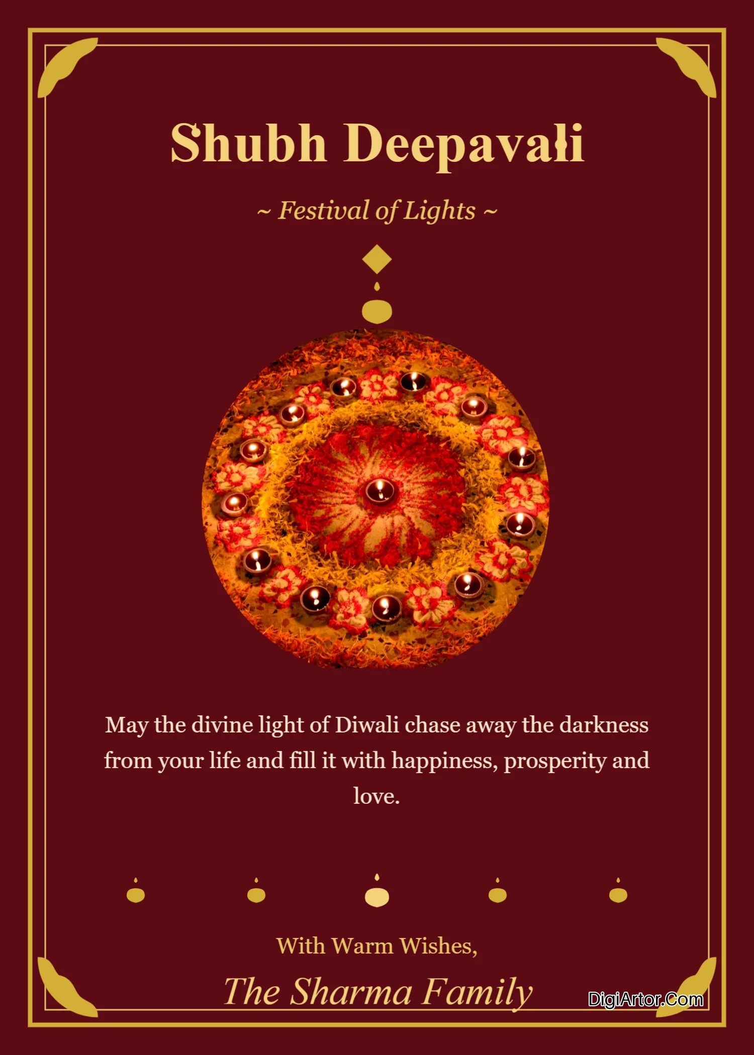 Diwali Greeting Card Maker Customize Traditional Gold & Maroon Designs Online Editable Template Reference Image
