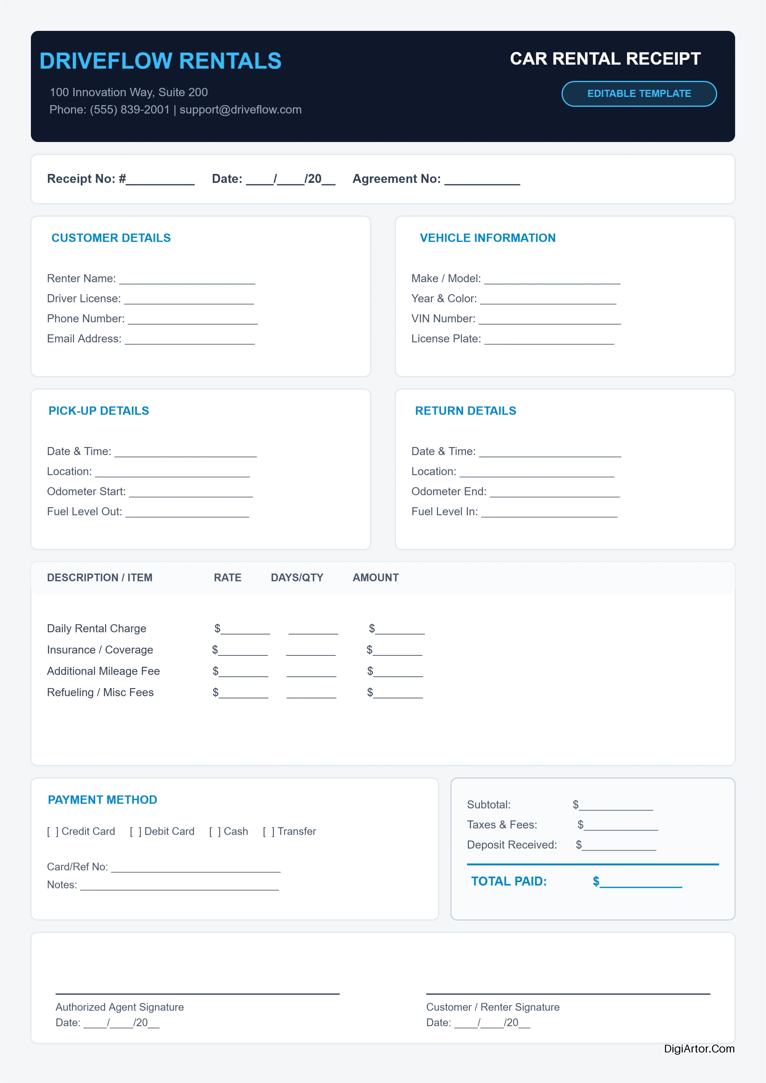 Blank Taxi Car Rental Invoice Receipt Editable Template Reference Image