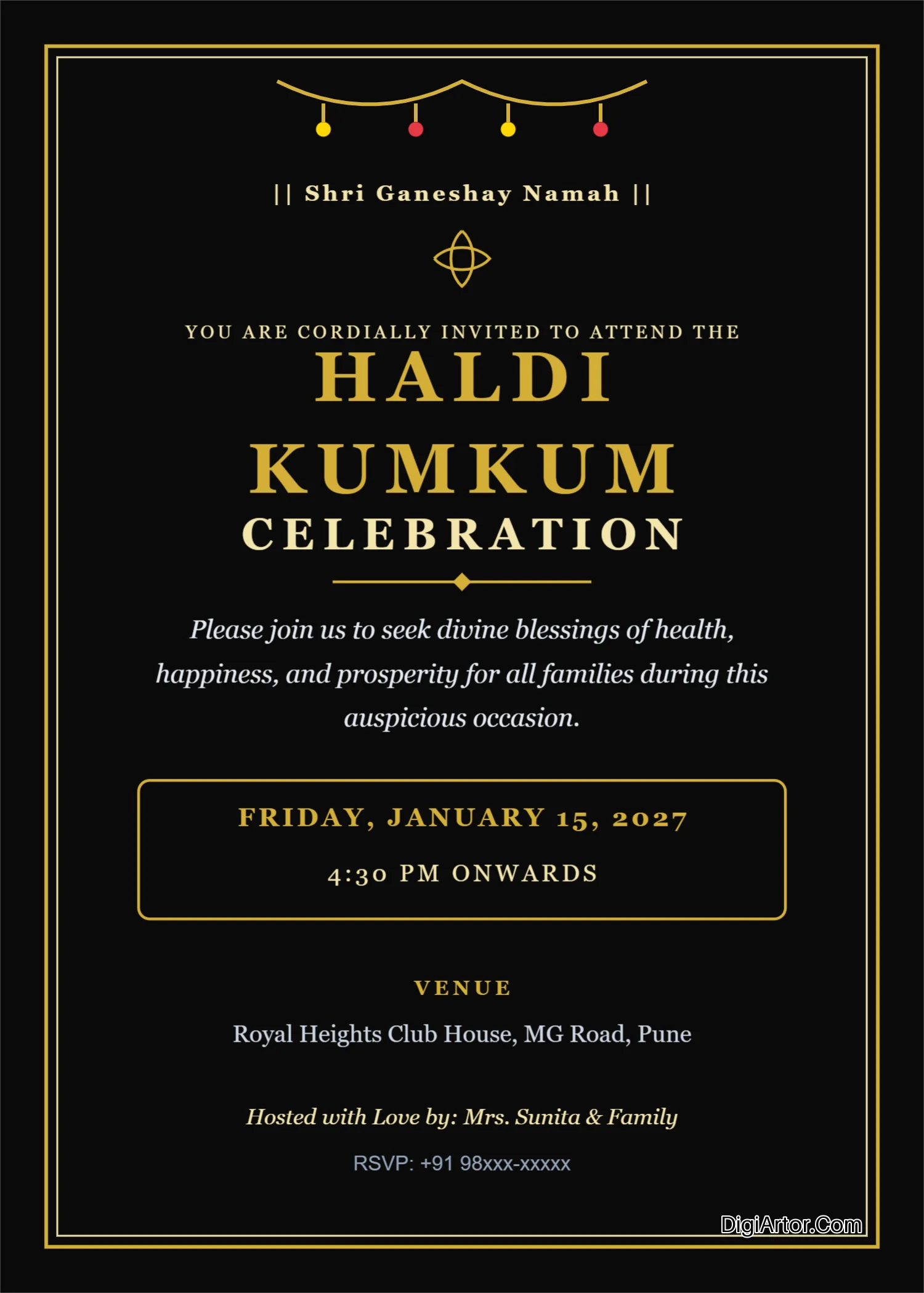 Black Gold Haldi Kumkum Invitation Card Editable Template Reference Image