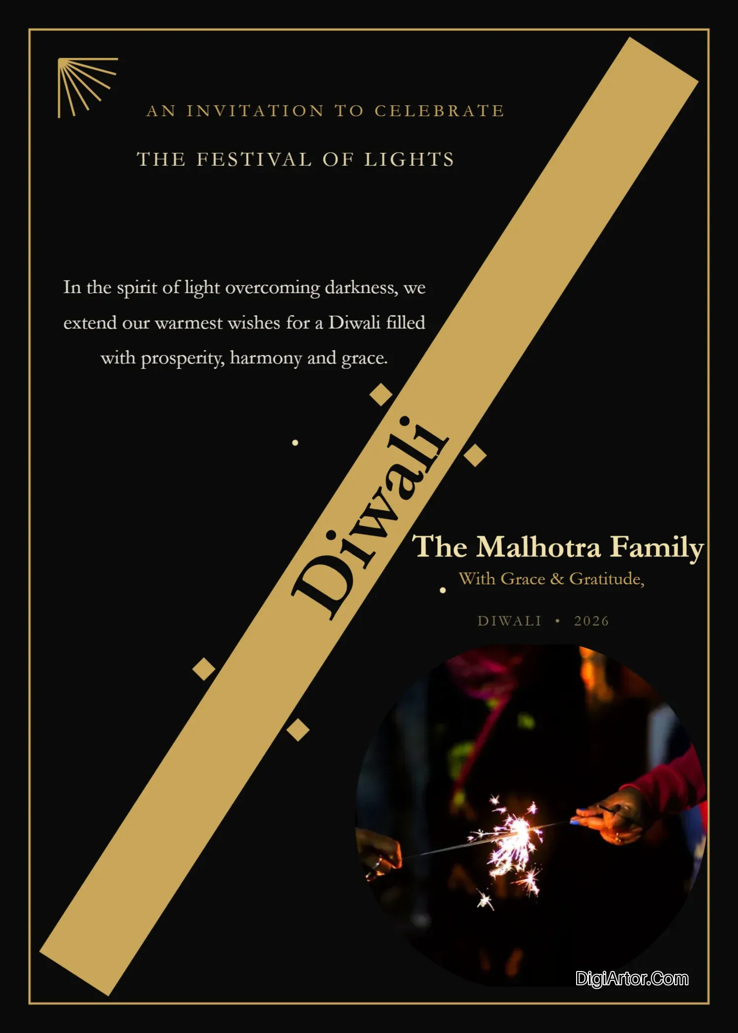 Luxury Diwali Card Editor Customize a Black & Gold Foil Design Online Editable Template Reference Image