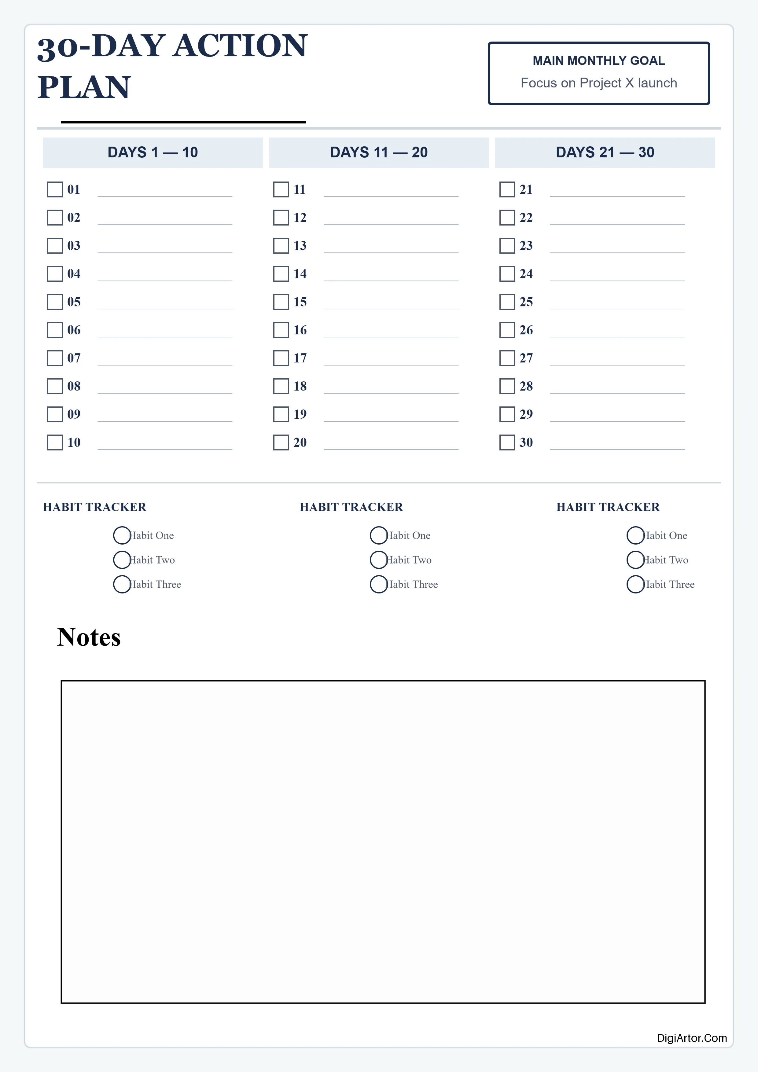 Printable 3 Column 30 Day Sprint Monthly (To Do List) Planner & Goal Tracker - Edit & Download Editable Template Reference Image