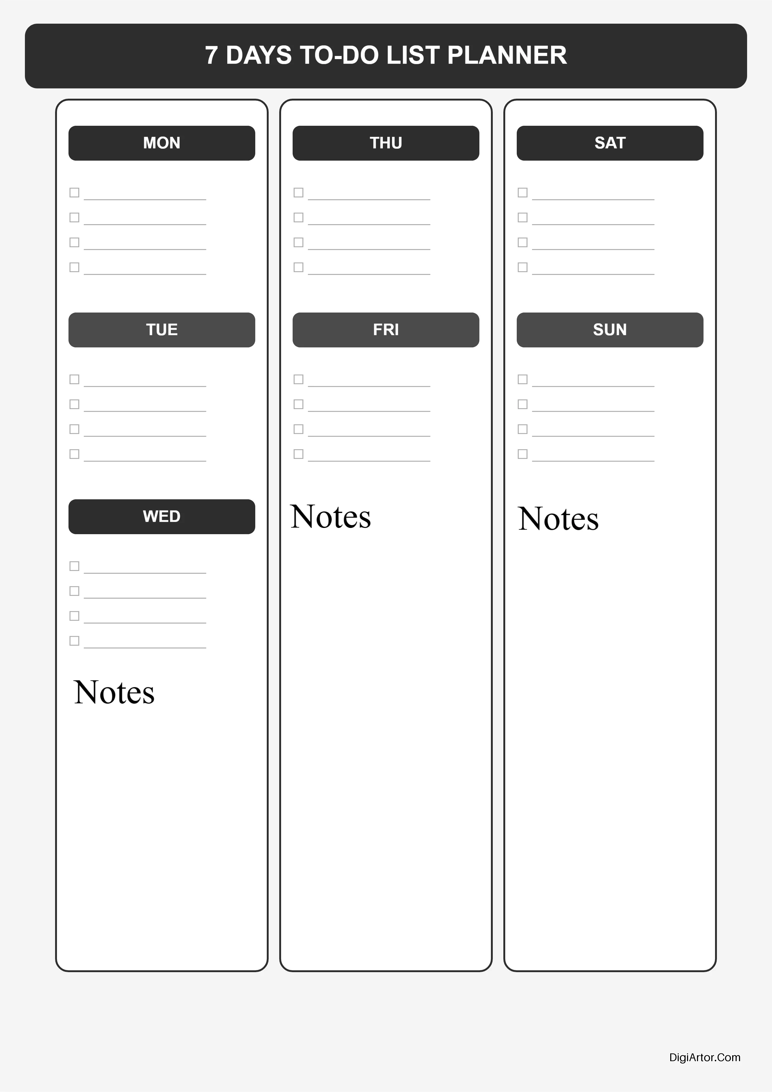 Customize Charcoal Three-Column 7-Day Planner Online Editable Weekly Organizer Editable Template Reference Image