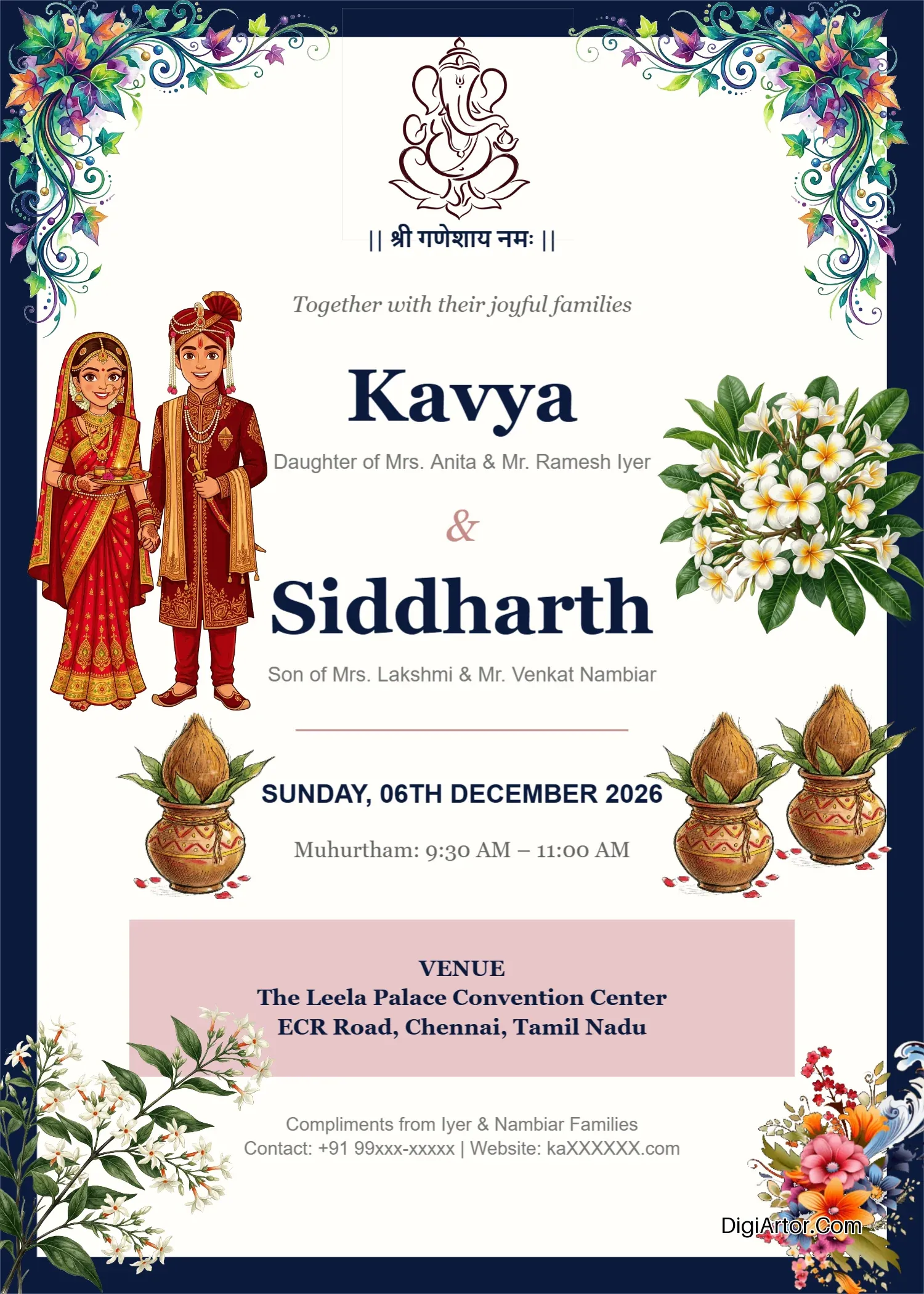 Midnight Navy & Rose Gold Floral Theme Hindu Wedding Invitation Card Template Editable Template Reference Image