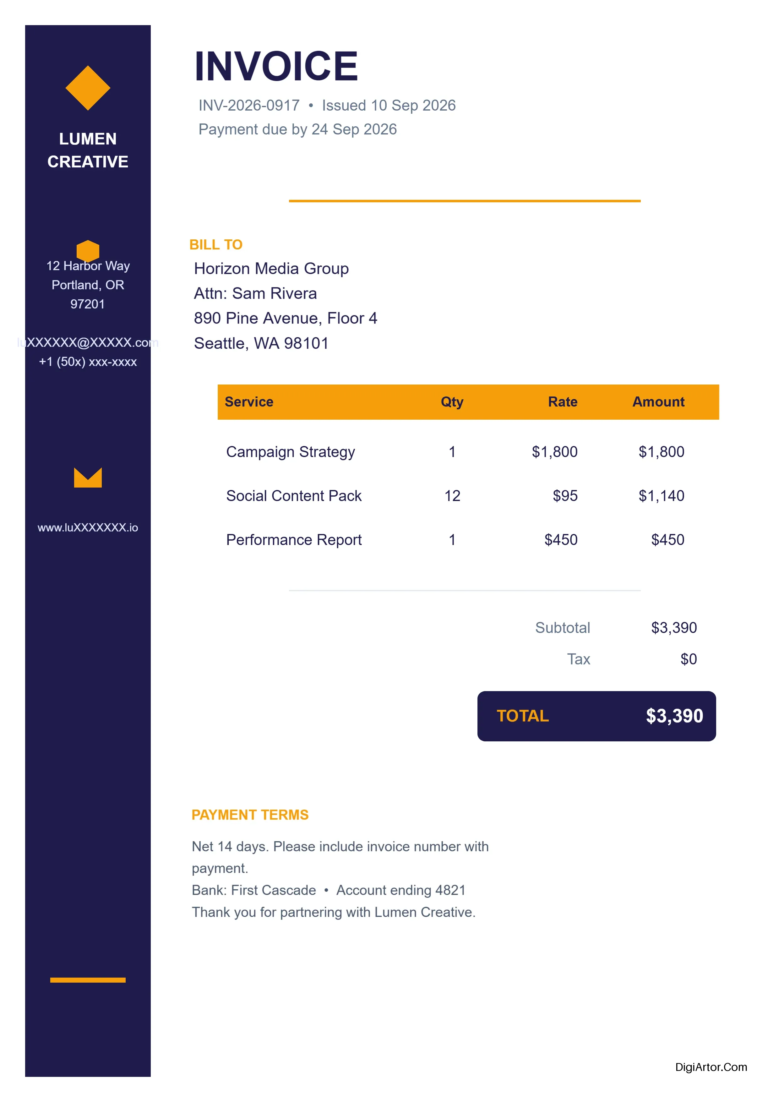 Freelance Invoice Builder with Bold Sidebar Style Personalize & Export Fast Editable Template Reference Image
