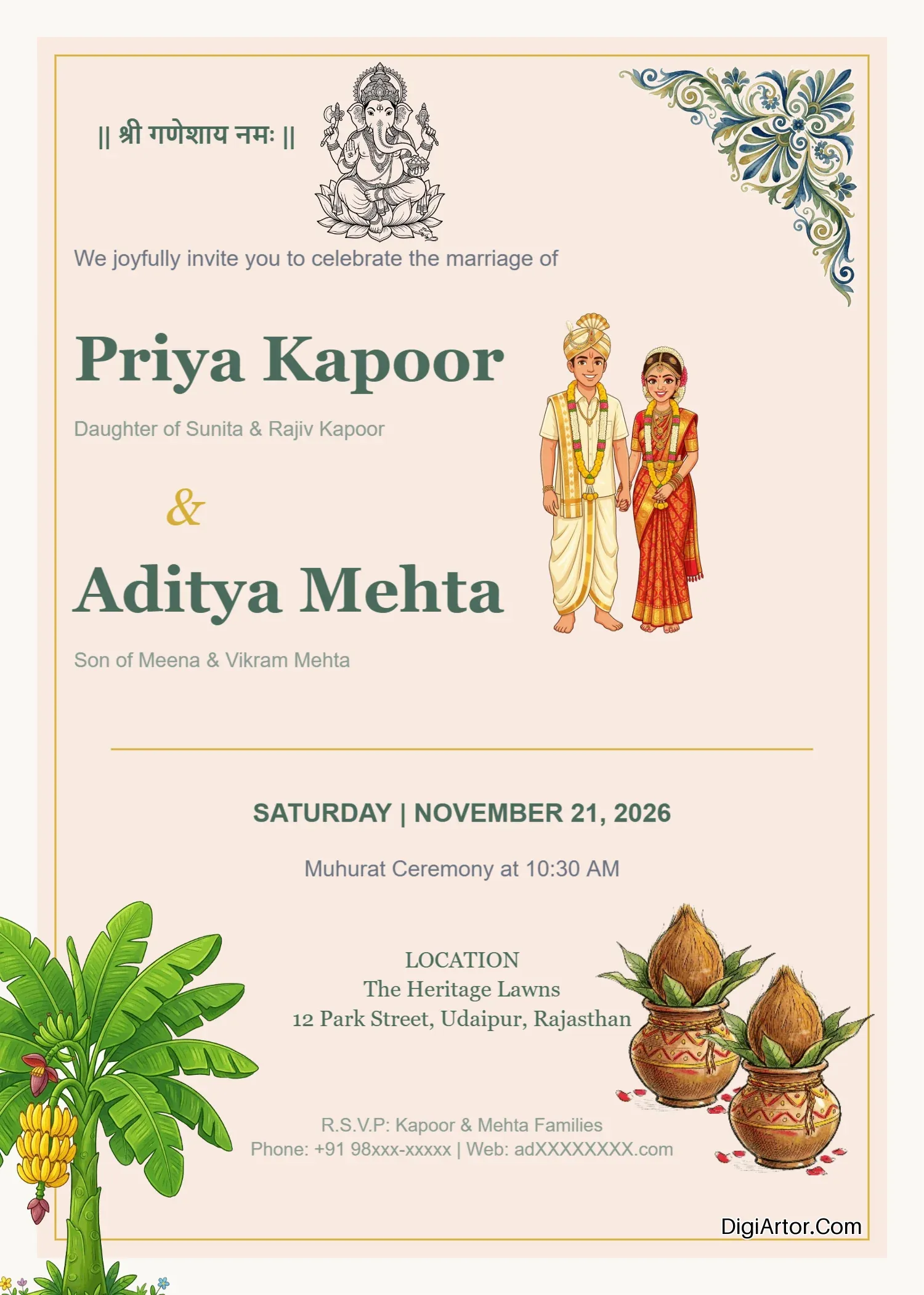 Editable Sage Green Minimalist Theme Hindu Wedding Invitation Card Template Editable Template Reference Image
