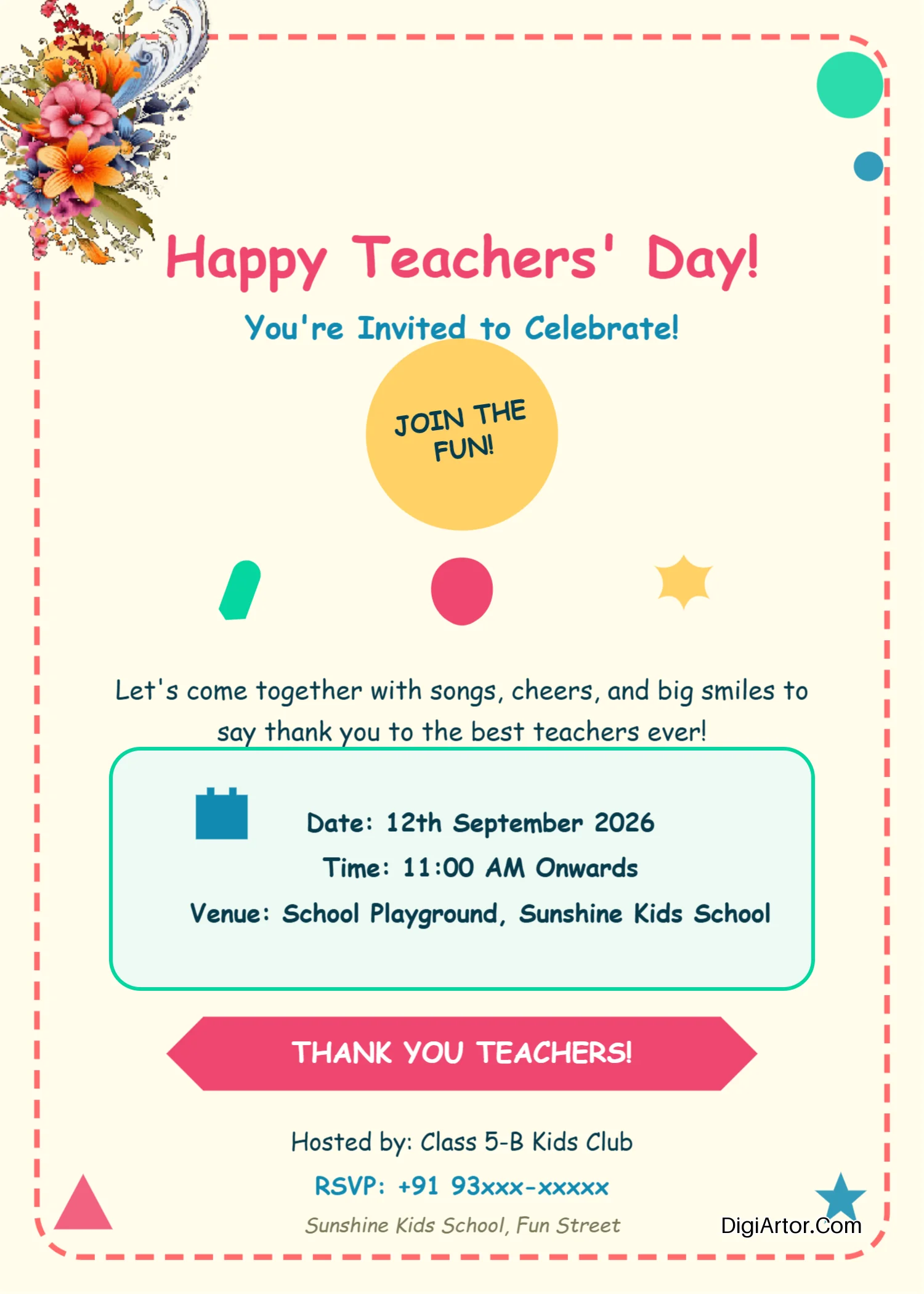 Printable Invitation card for teachers on teachers day Edit Download in PDF or PNG Form Editable Template Reference Image