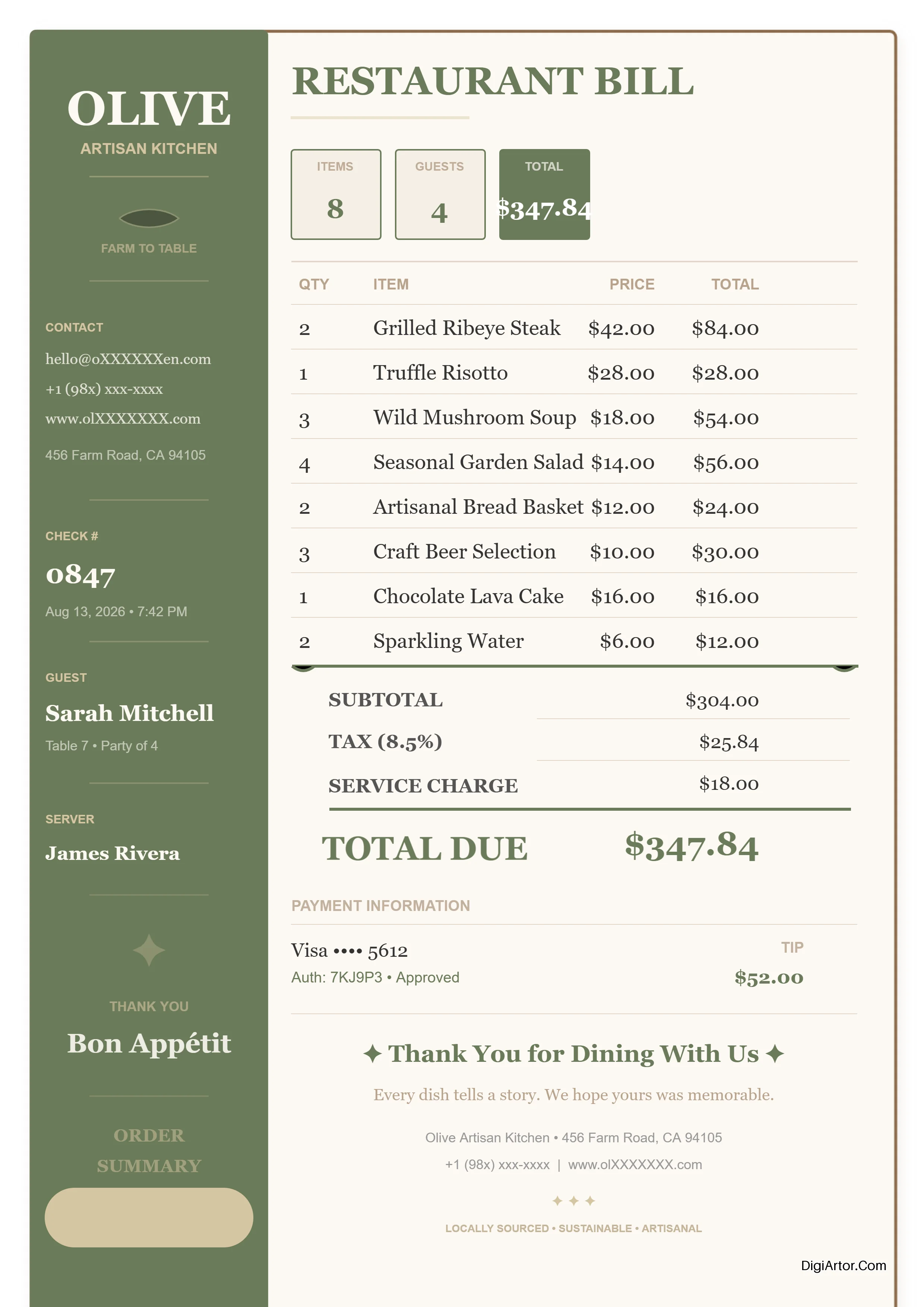 Restaurant Bill Format Editable Template Reference Image