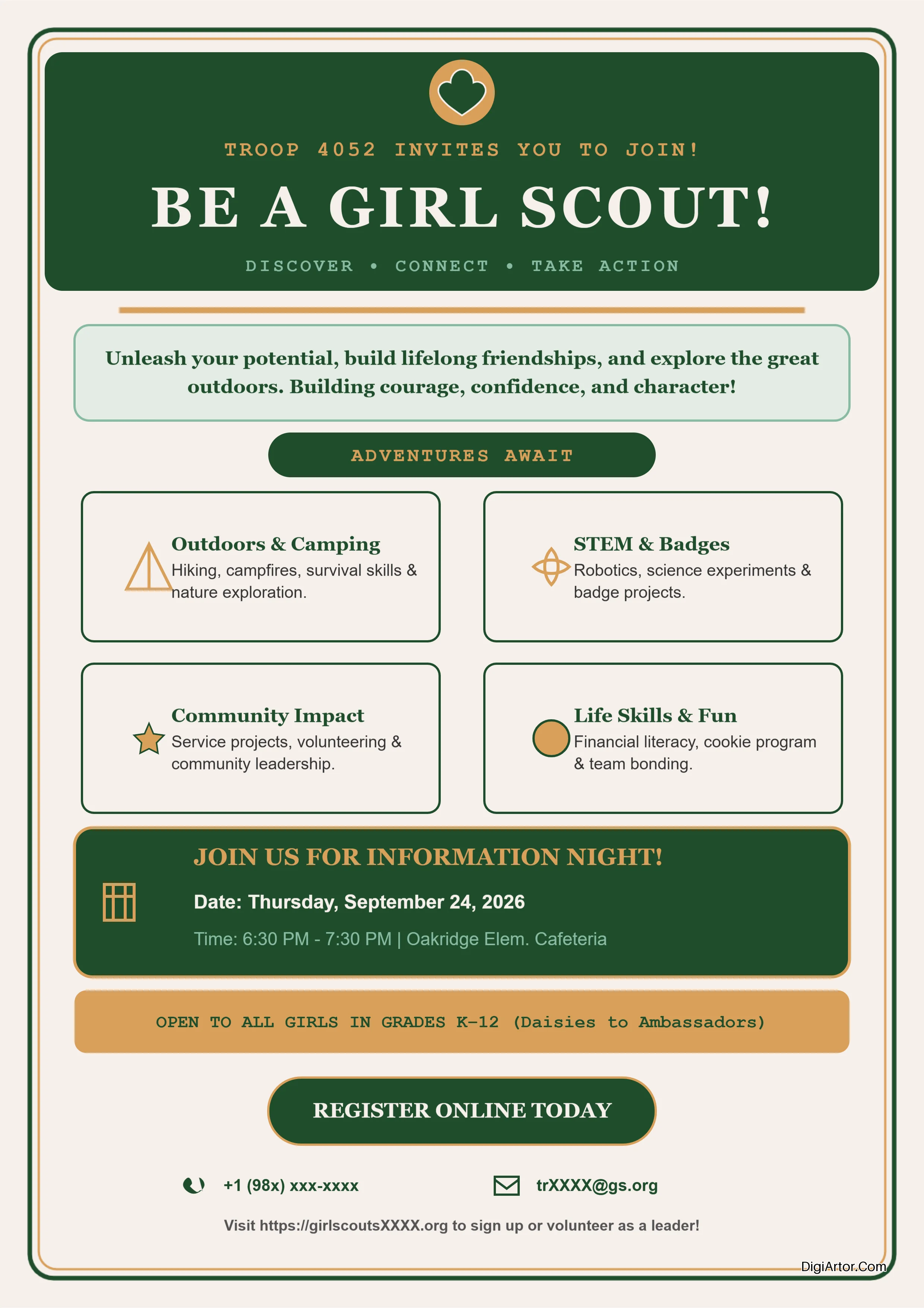 Interactive Retro Girl Scout Recruitment Flyer Editable Template Reference Image
