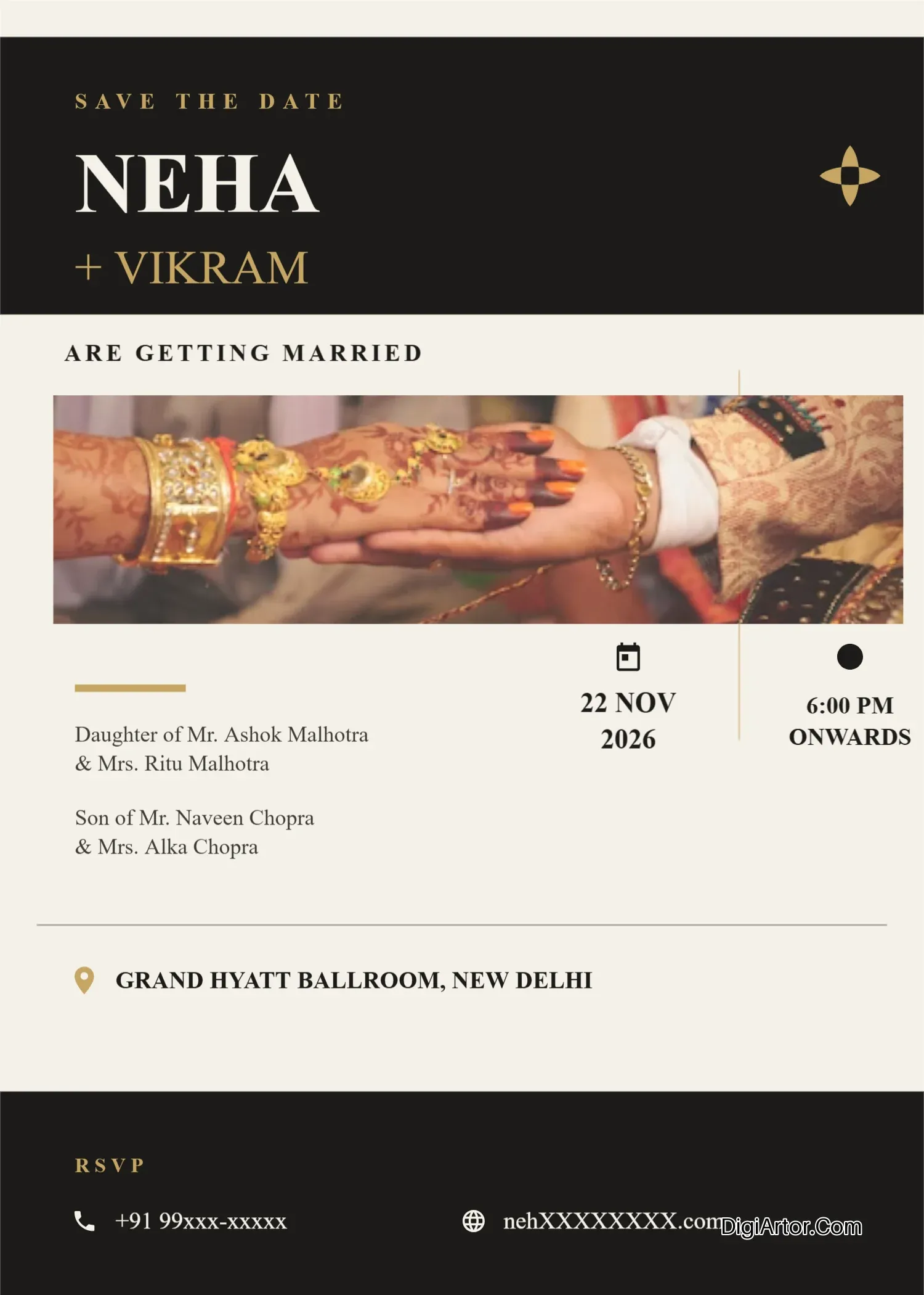 Bold Black & Gold Typographic Hindu Wedding Invitation Card Editable Template Reference Image
