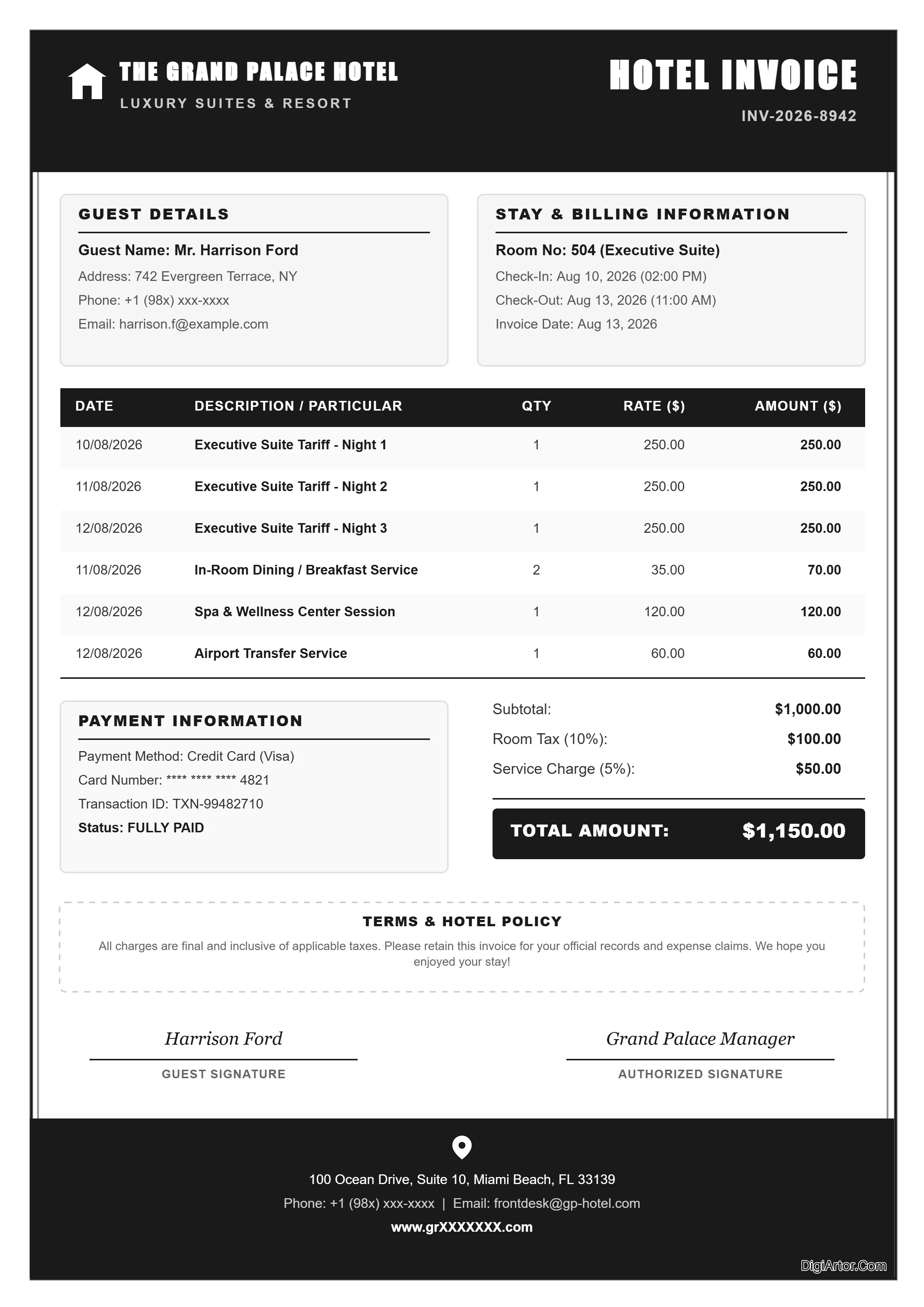 Hotel Invoice Online Editable Template Reference Image