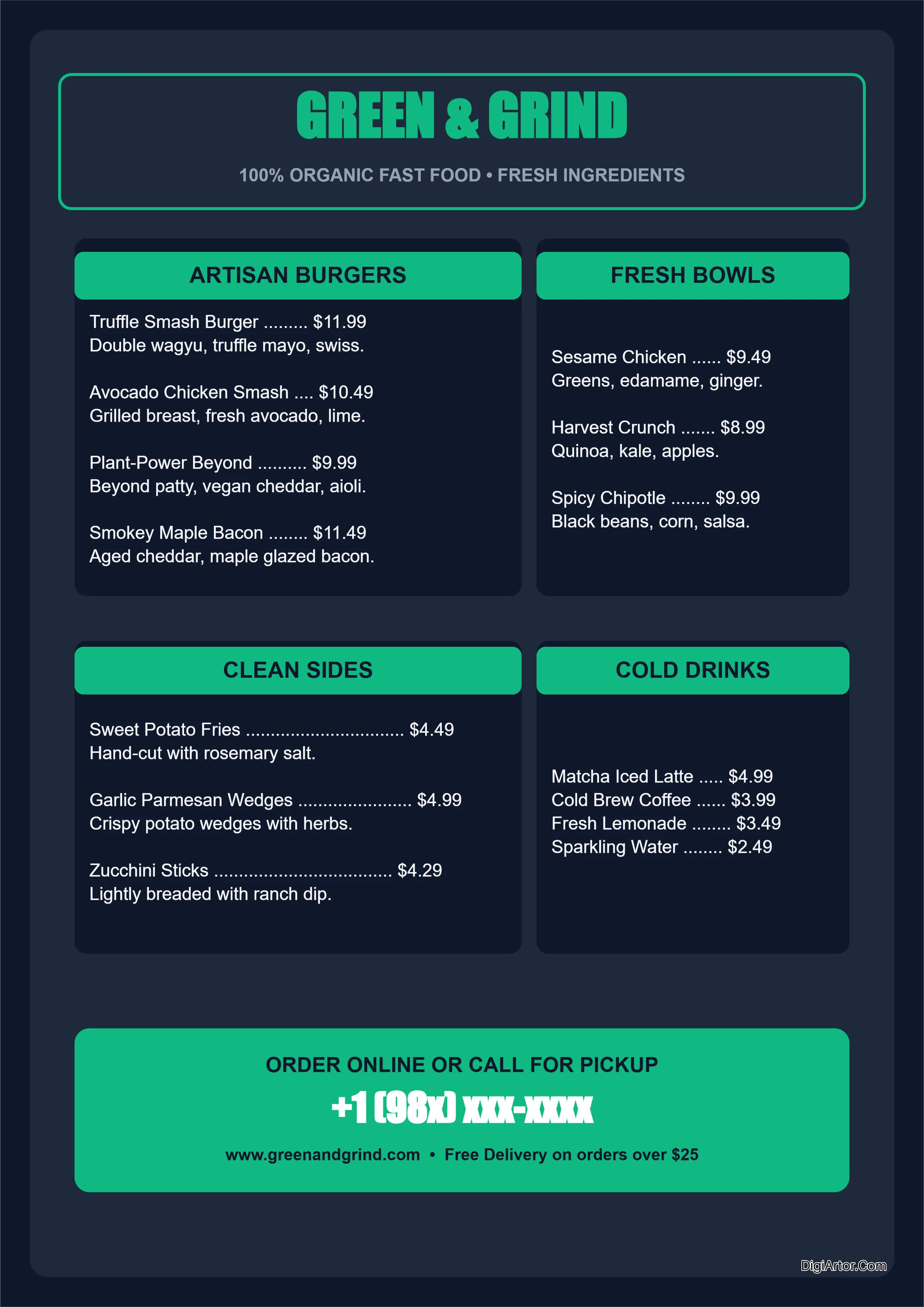 Dark Mode Restaurant Menu Creator Customize Fresh & Fast Menu Editable Template Reference Image
