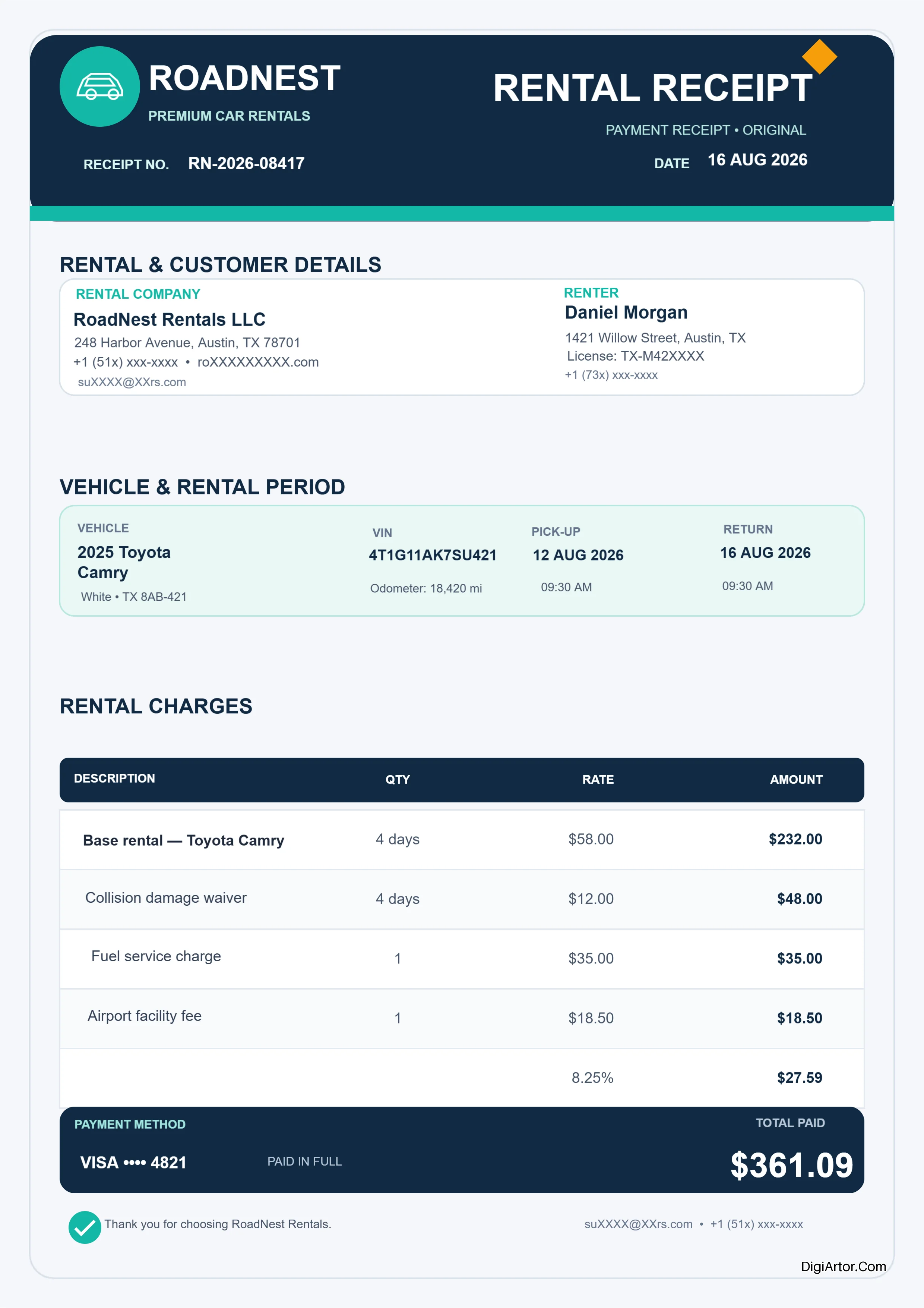 Car Rental Receipt Editable Template Reference Image