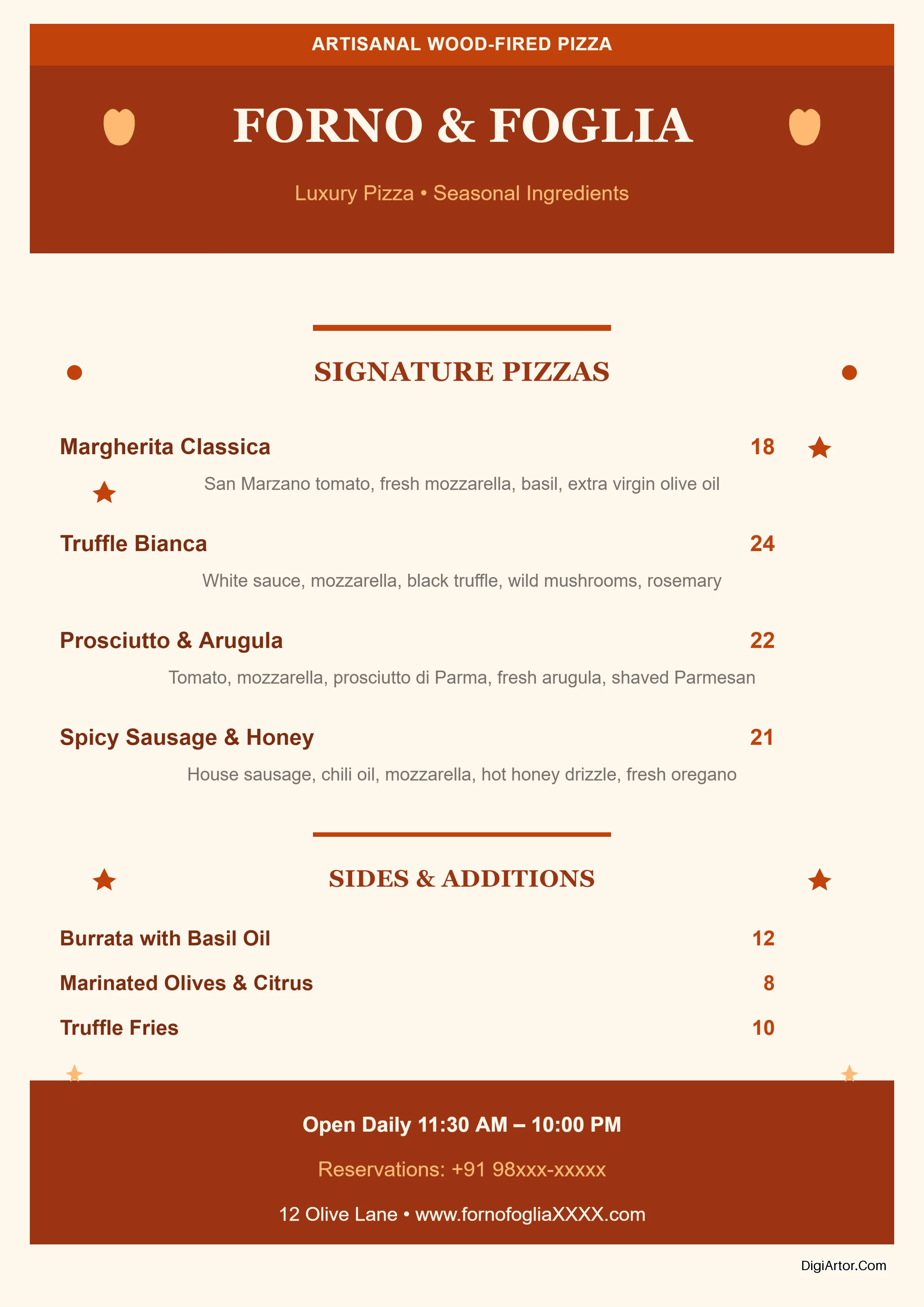 Forno Foglia Pizza Menu Editable Template Reference Image