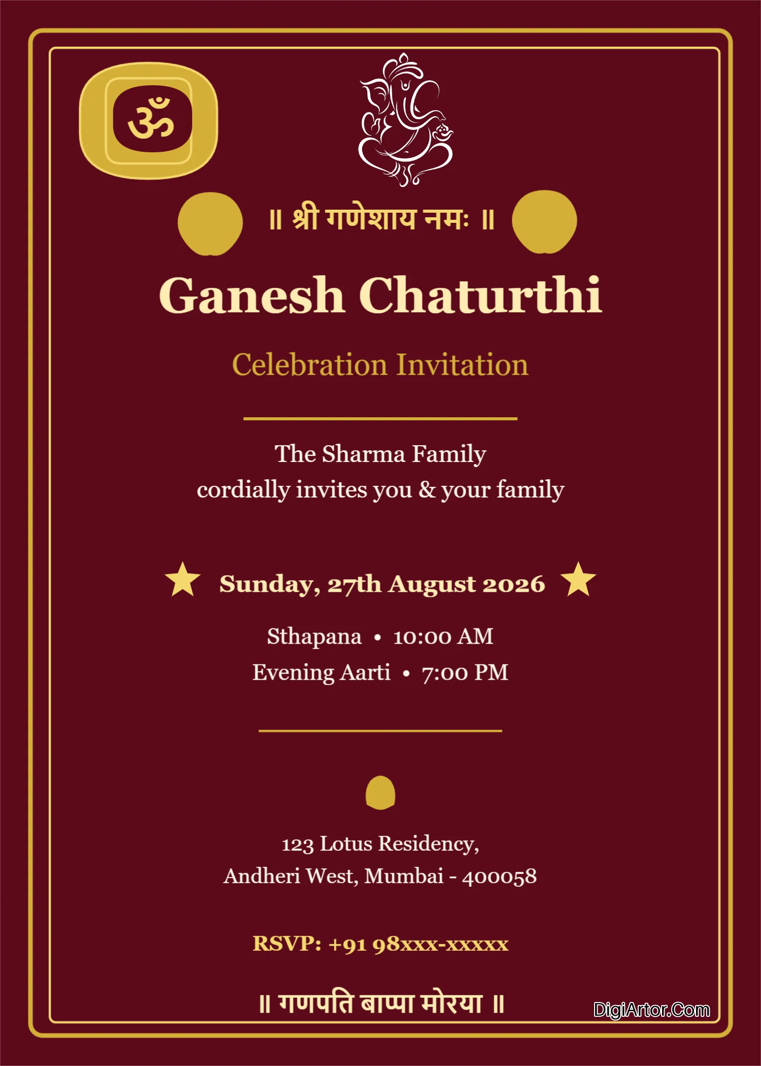Ganpati festival invitation card Editable Template Reference Image