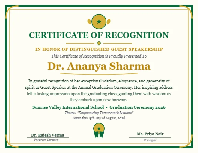 Guest Speaker Recognition Certificate Editable Template Reference Image