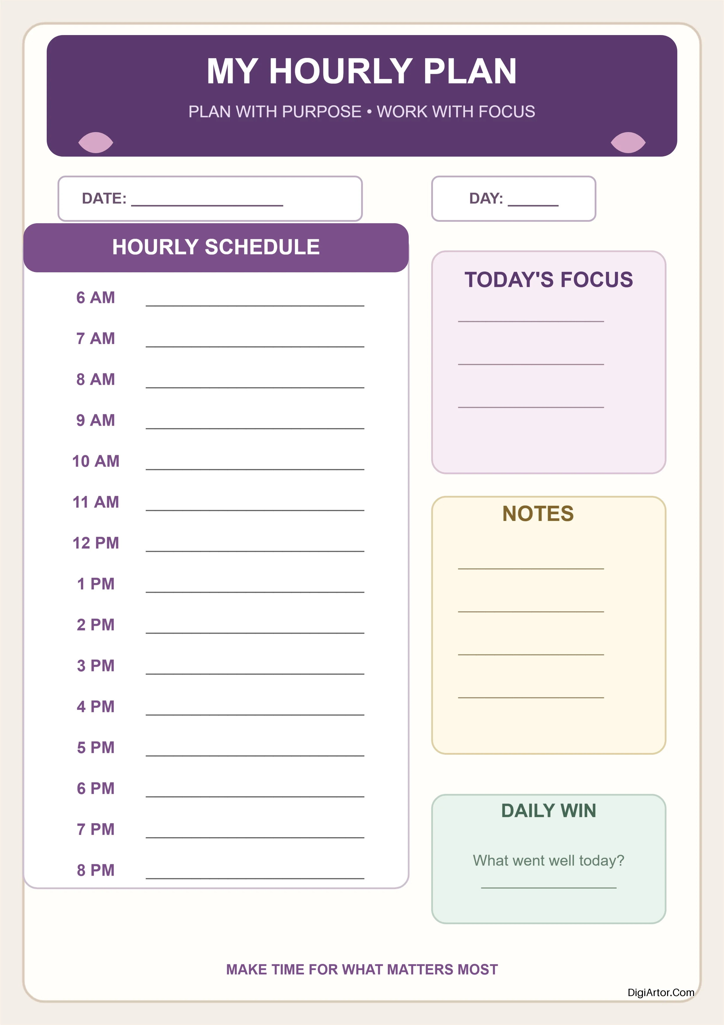 Customize Purple Color Theme Printable Hourly To Do List Planner Online Editable Template Reference Image
