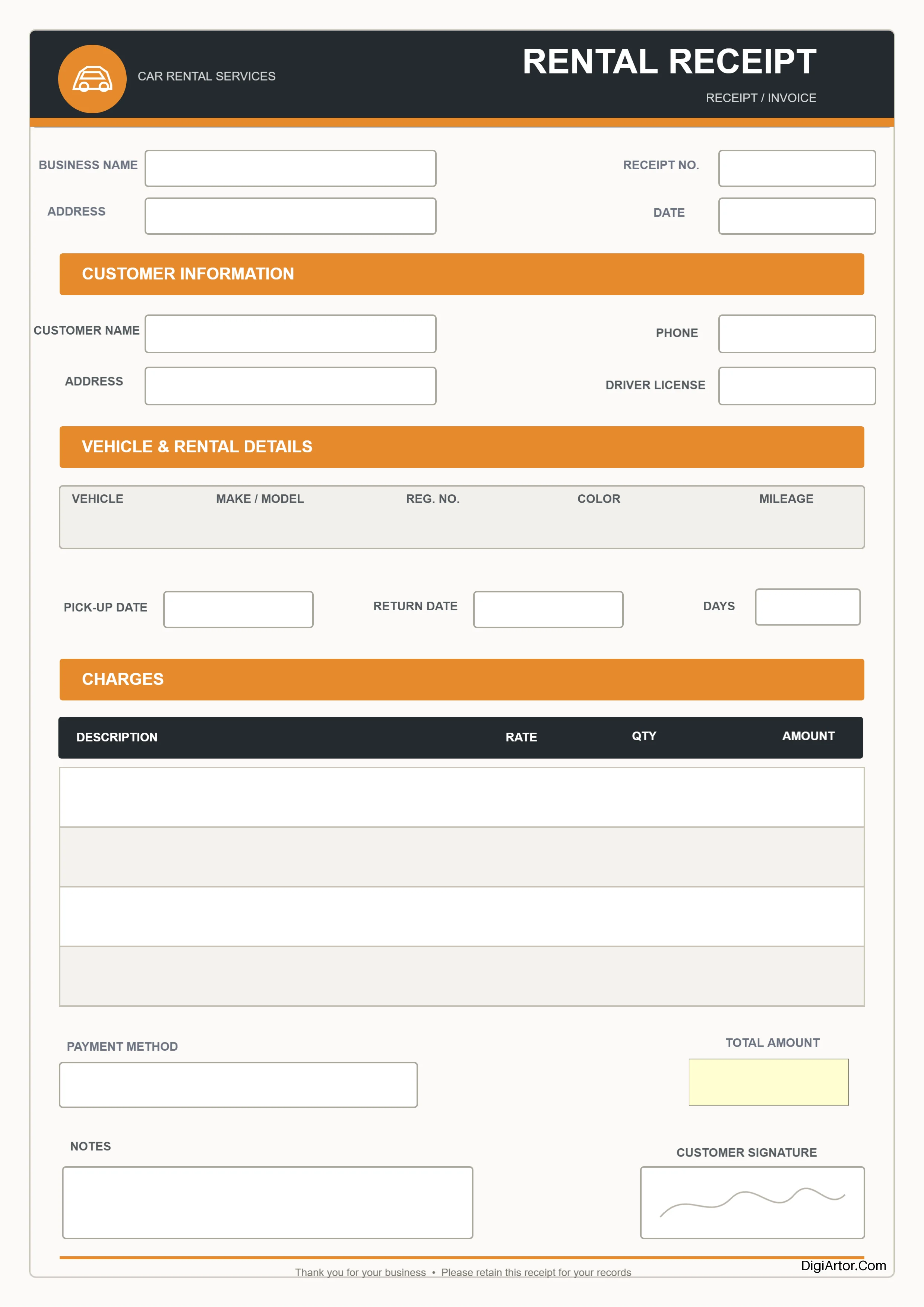 Blank Car Rental Receipt Editable Template Reference Image