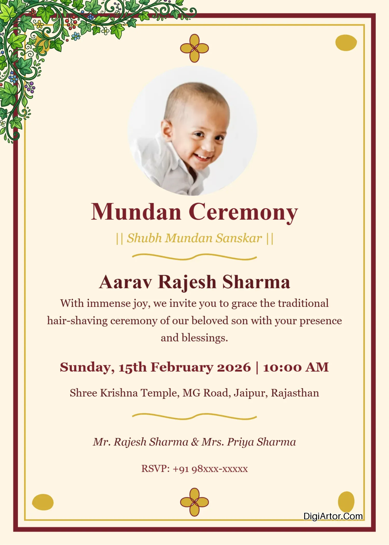 Traditional Maroon & Gold Mundan Invitation Card, Edit Online Editable Template Reference Image