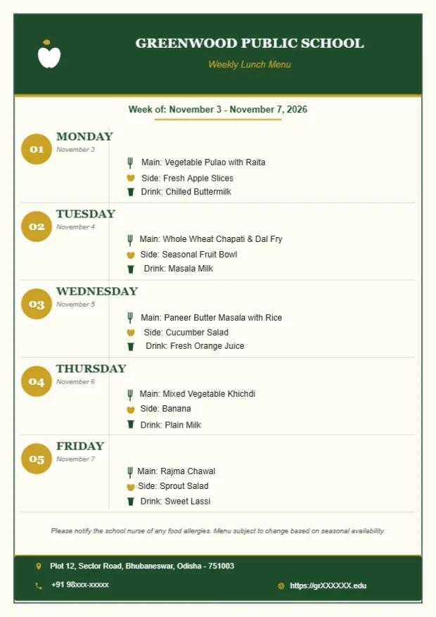 Weekly School Lunch Menu Editable Template Reference Image