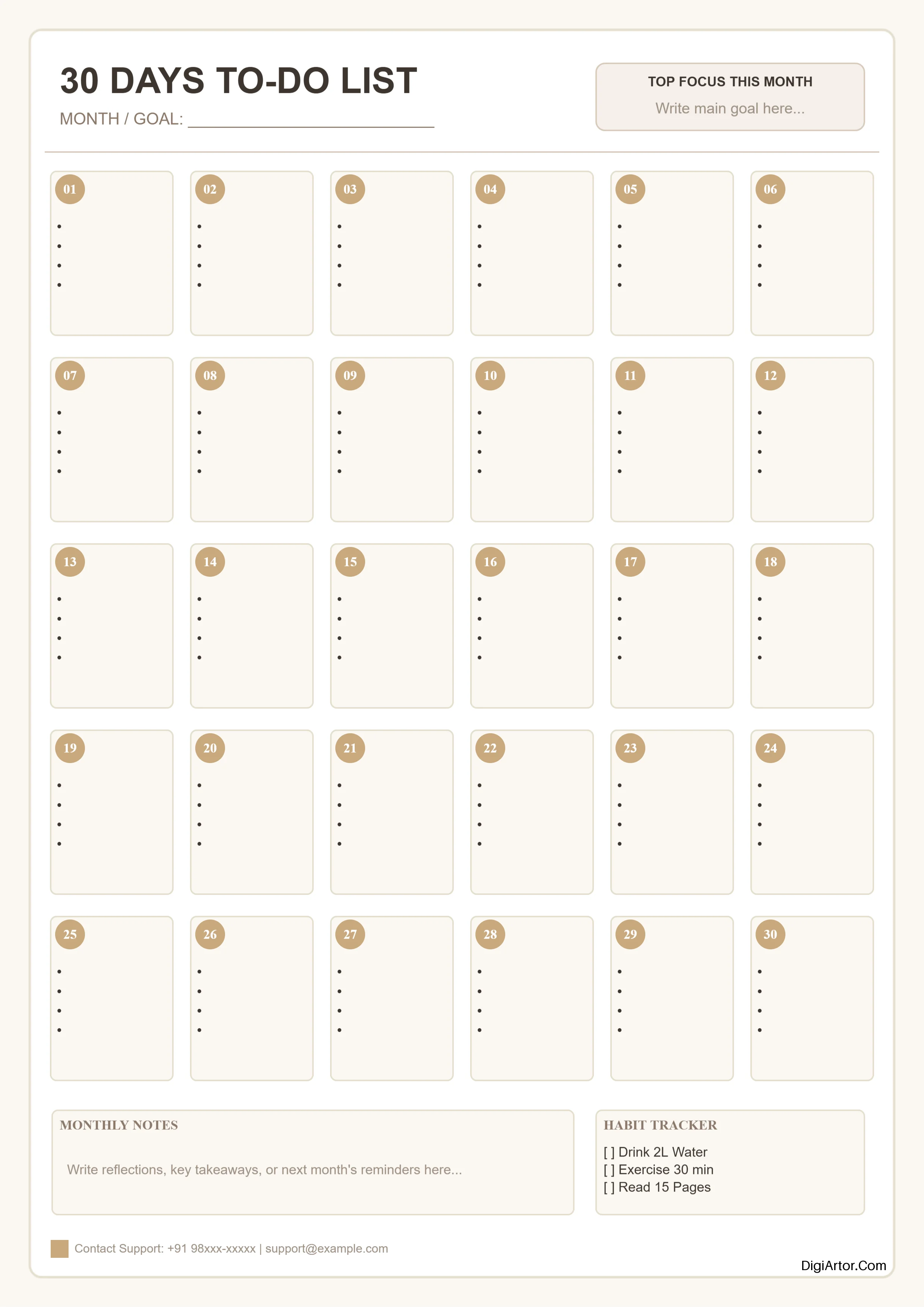 Customize Print 30Day Grid ToDo List Monthly Planner Online Editable Template Reference Image