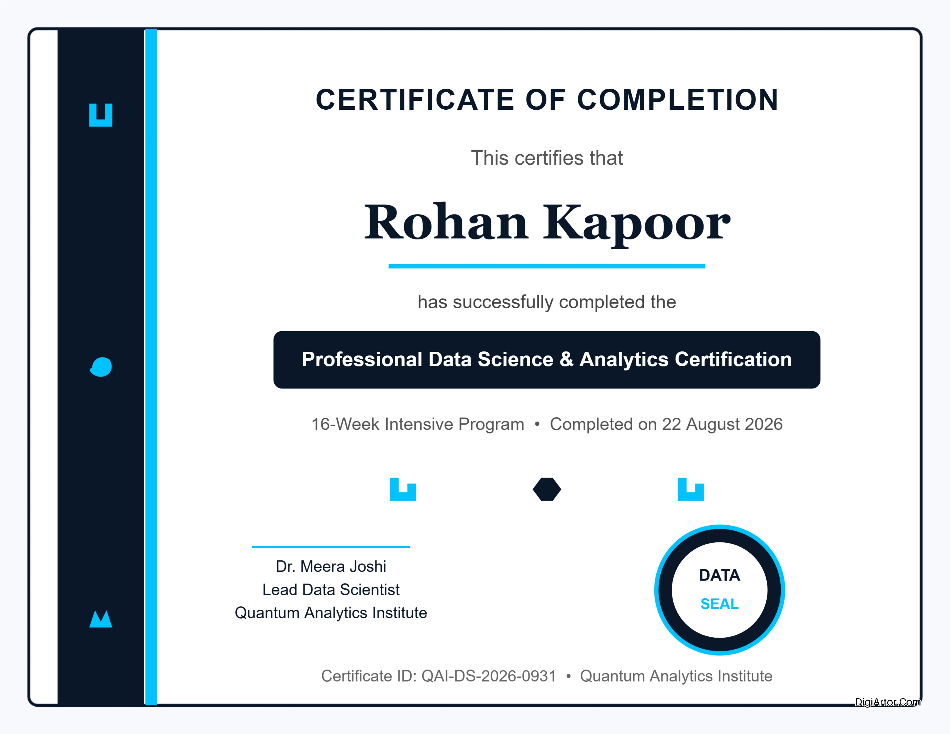 Training Completition Certificate for Professional Data Science & Analytics - Customise Online Editable Template Reference Image