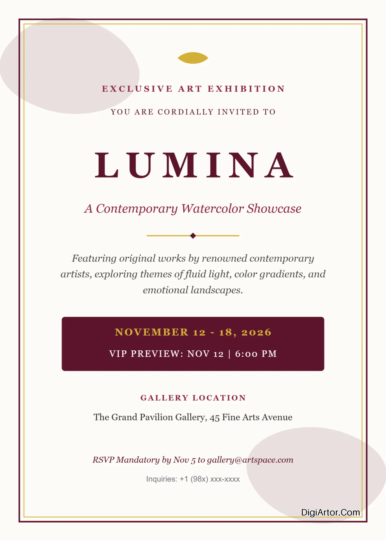 Burgundy Cream Watercolor Art Exhibition Invitation Card Editable Template Reference Image