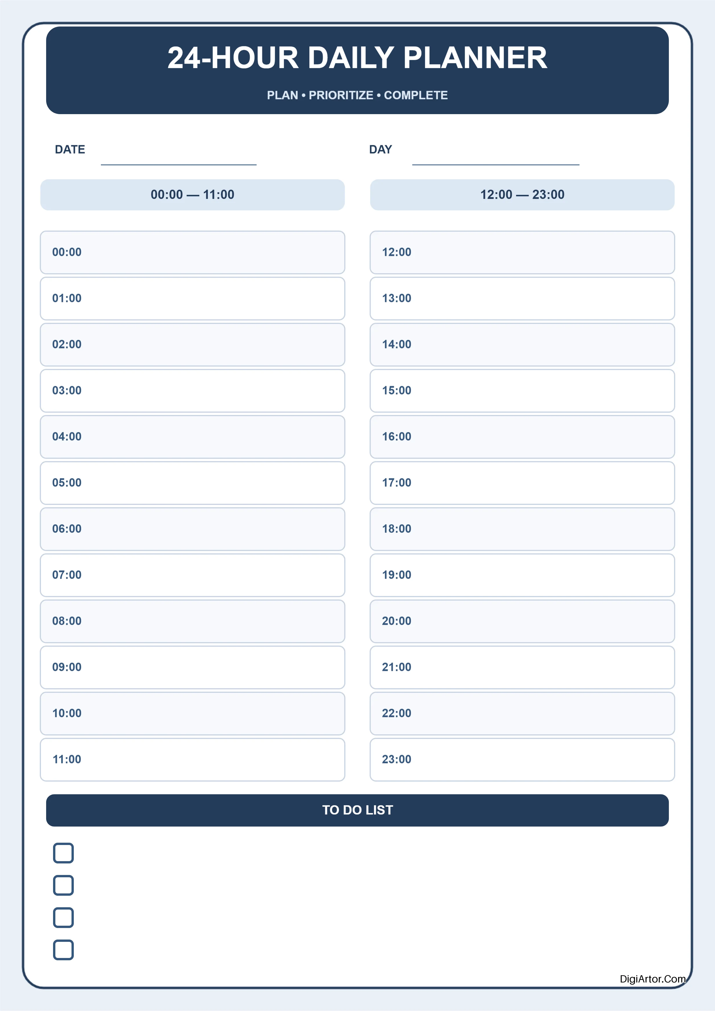 Printable 24 Hour Hourly To Do List Planner - Edit & Print for free Editable Template Reference Image