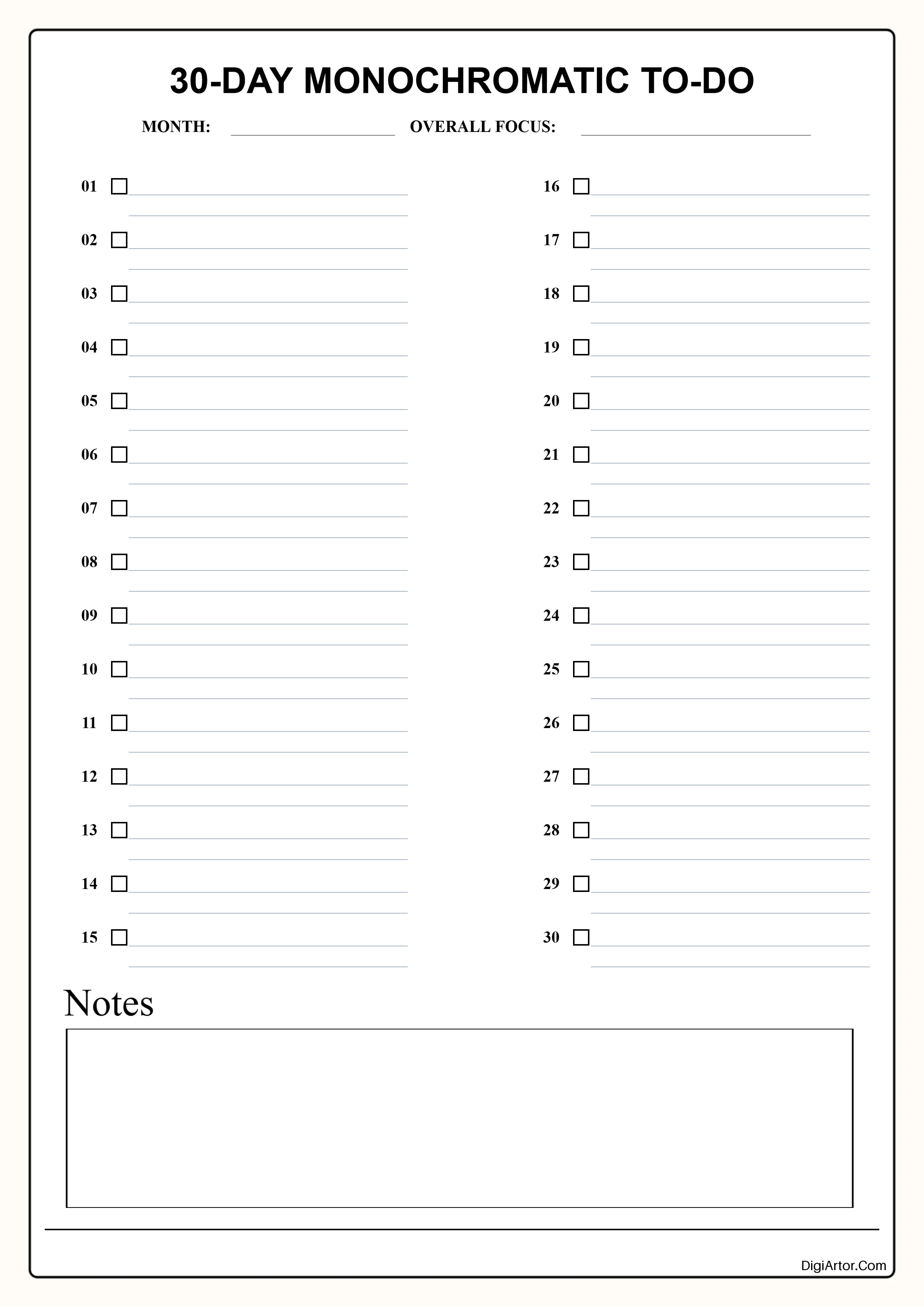 Customize & Print 30-Day Minimalist Dual-Line To-Do List Monthly Planner Editable Template Reference Image