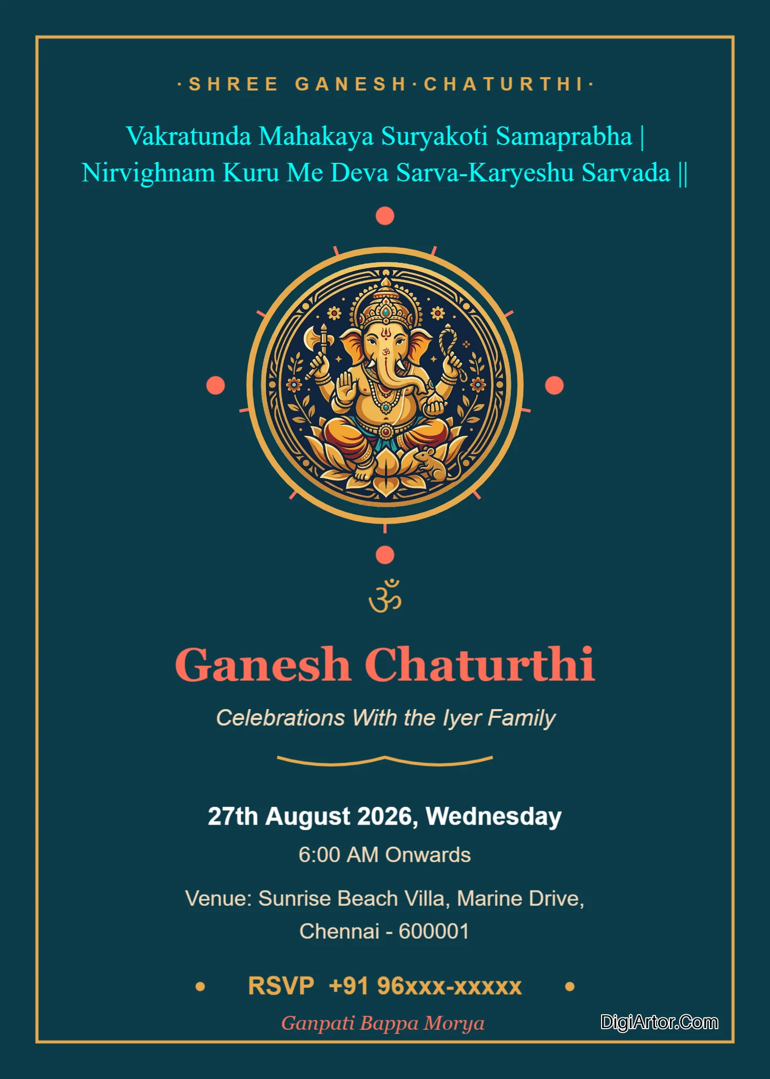 Artistic Ganesh Chaturthi Invitation Card Free Online Customizer Editable Template Reference Image
