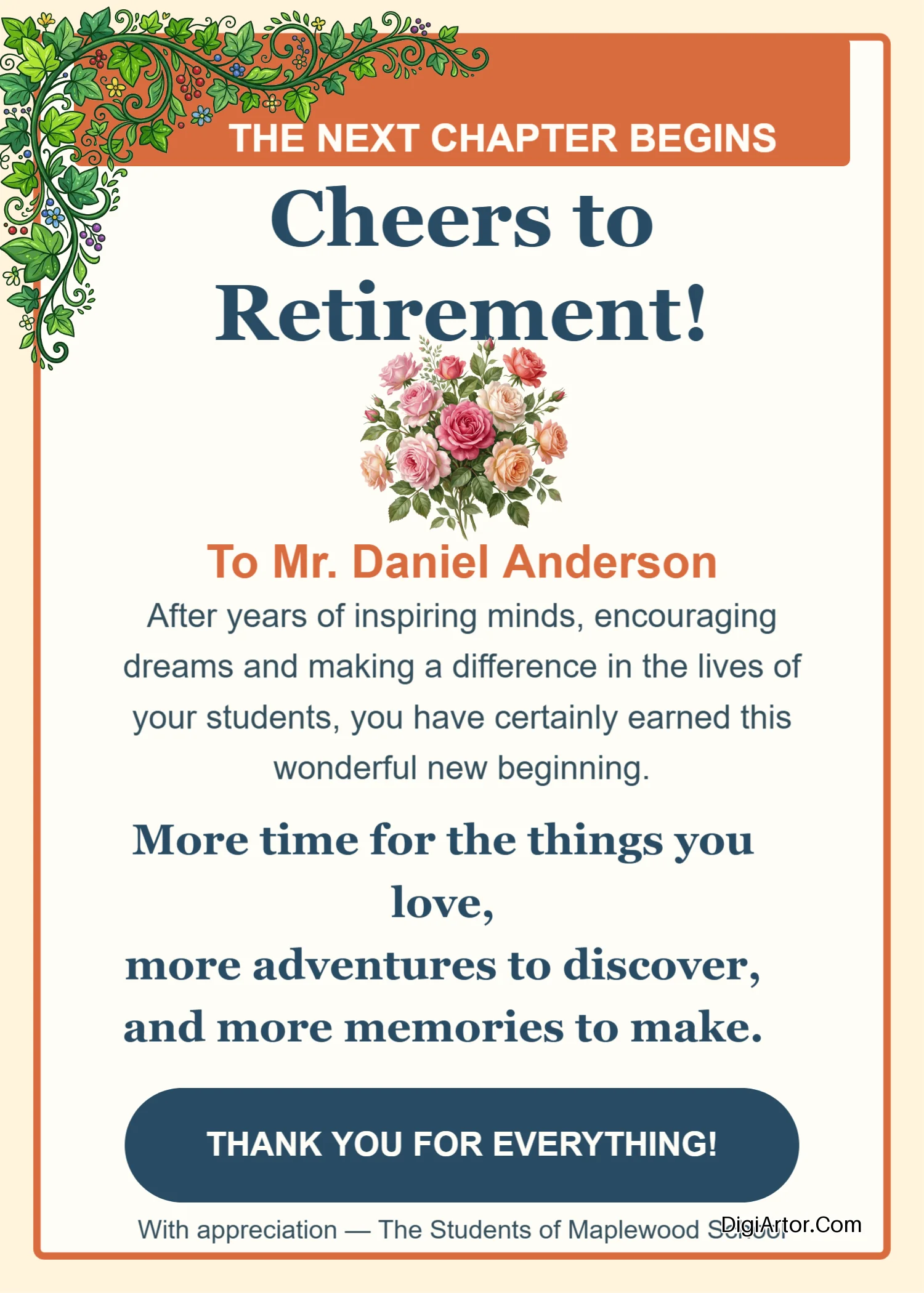 Make a Memorable Retirement Greeting Card for Your Teacher Personalise Online Editable Template Reference Image