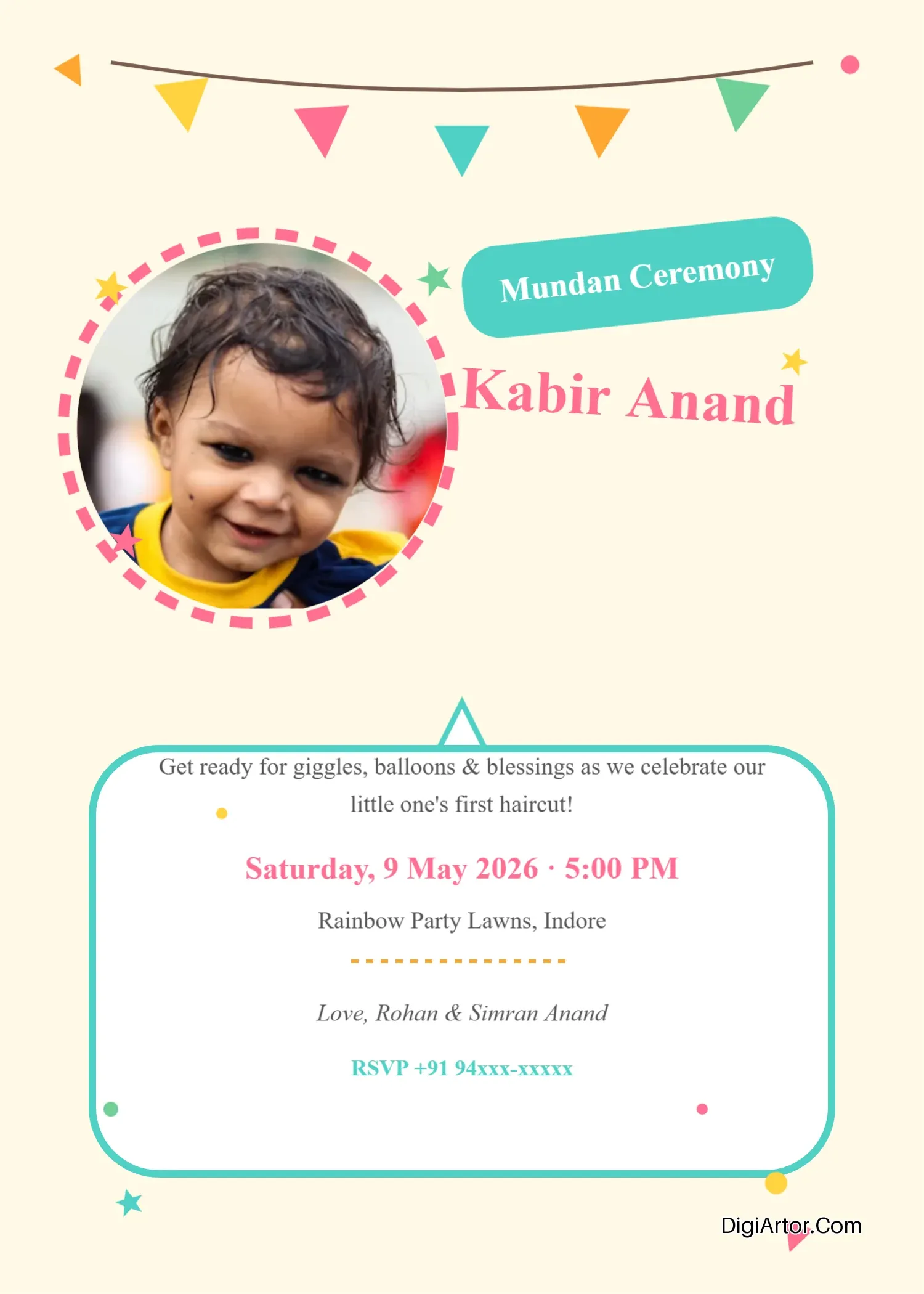 Playful Party-Theme Mundan Invitation, Customize Online Editable Template Reference Image