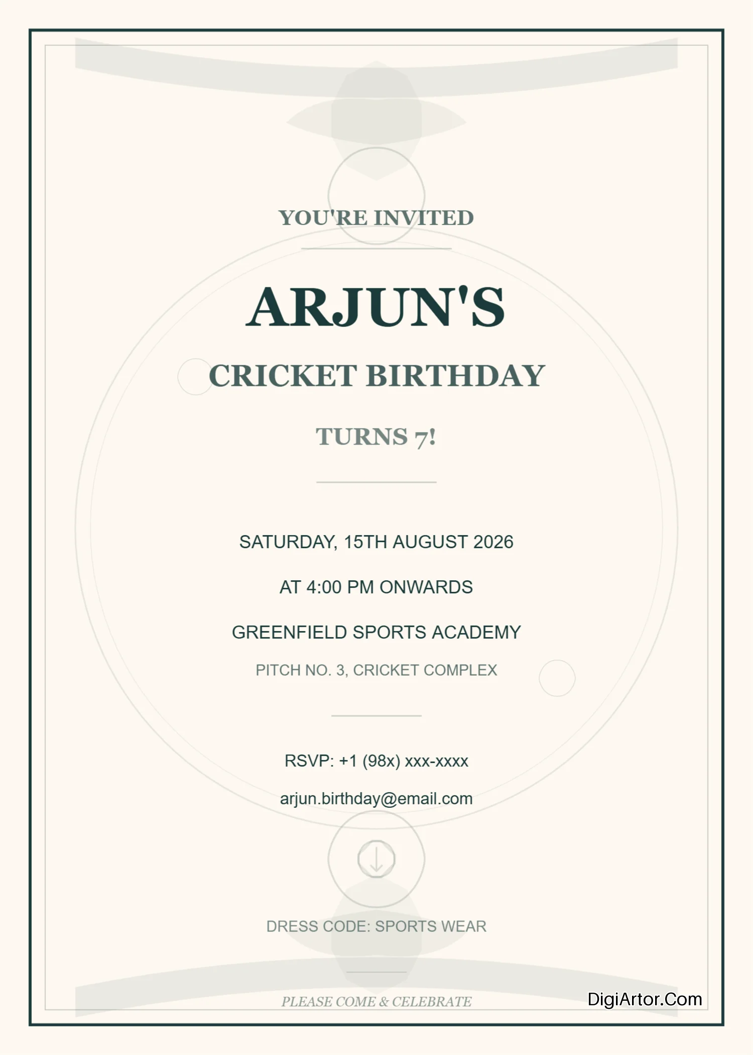 Design Cricket Birthday Invitation Card Editable Template Reference Image