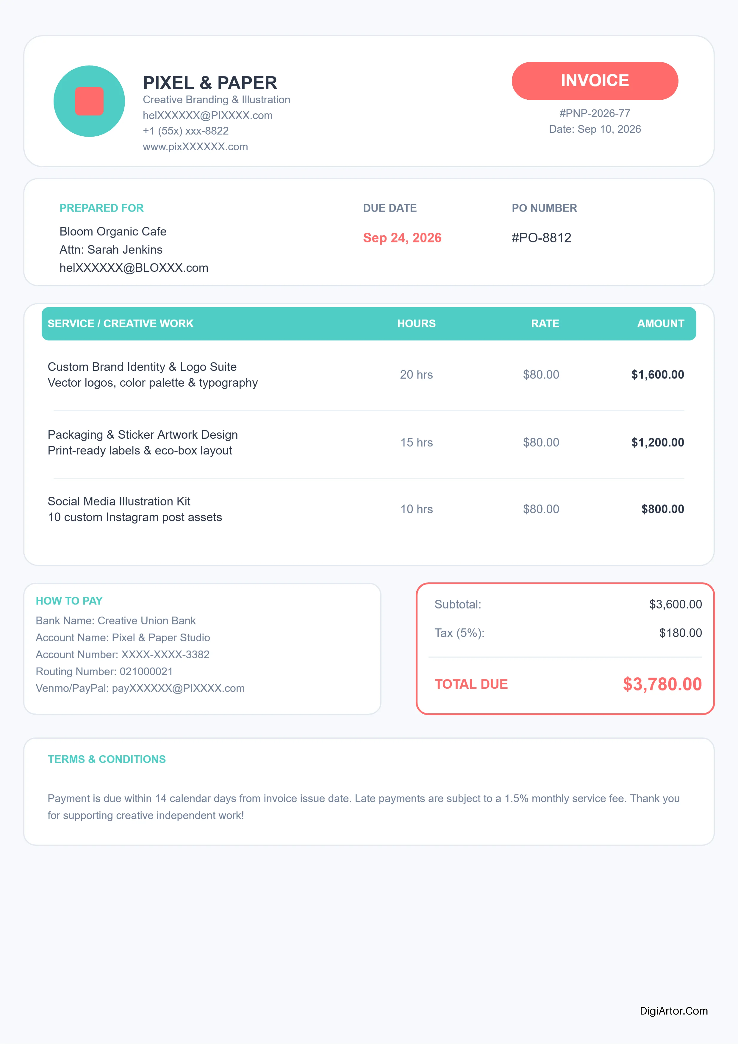 Interactive Creative Freelance Invoice Builder - Customize & Download Online Editable Template Reference Image