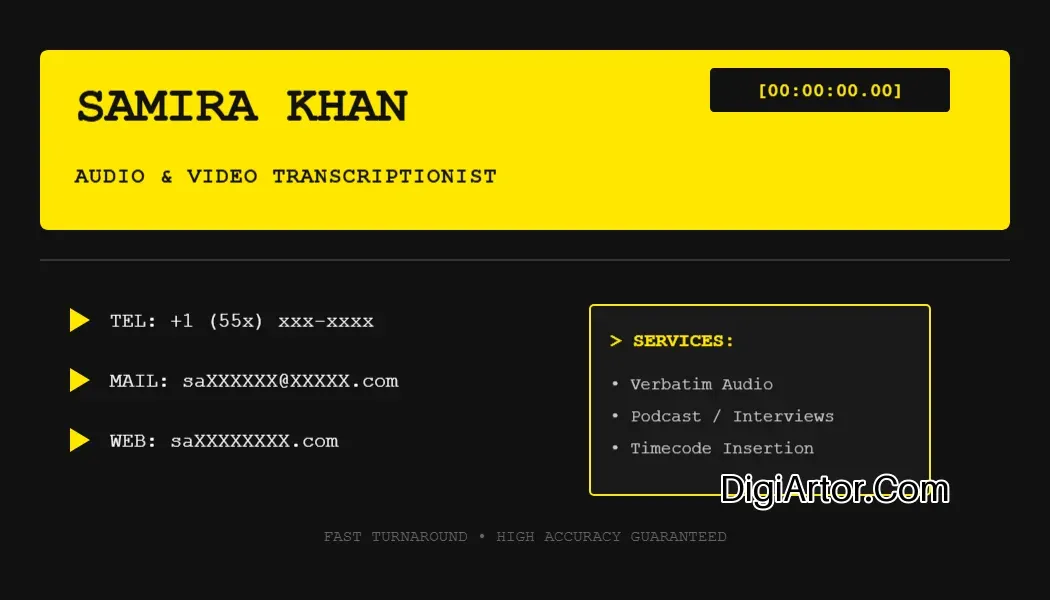Monospace Audio & Video Transcriptionist Business Visiting Card Online Editable Template Reference Image