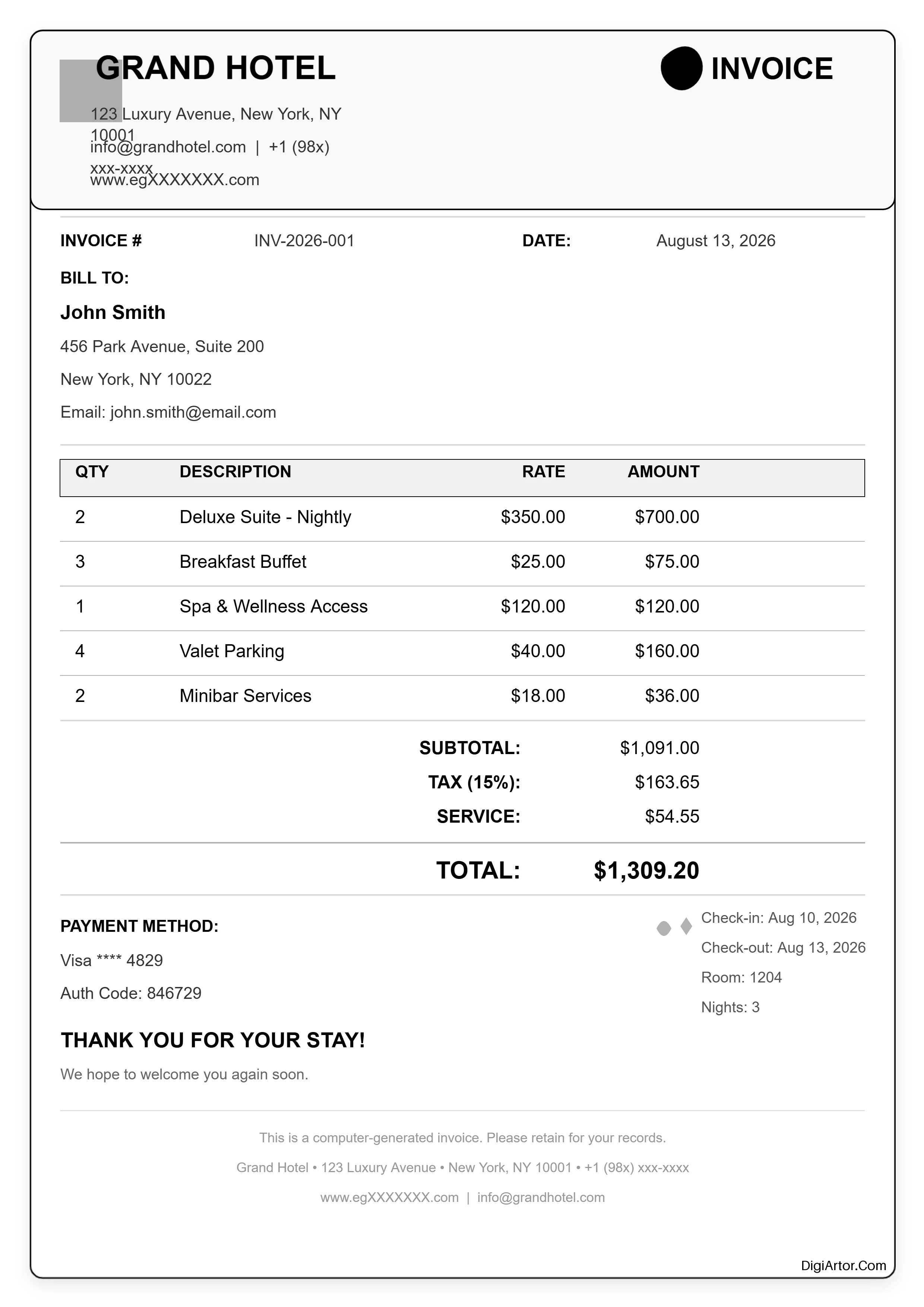 Hotel Invoice Format Editable Template Reference Image