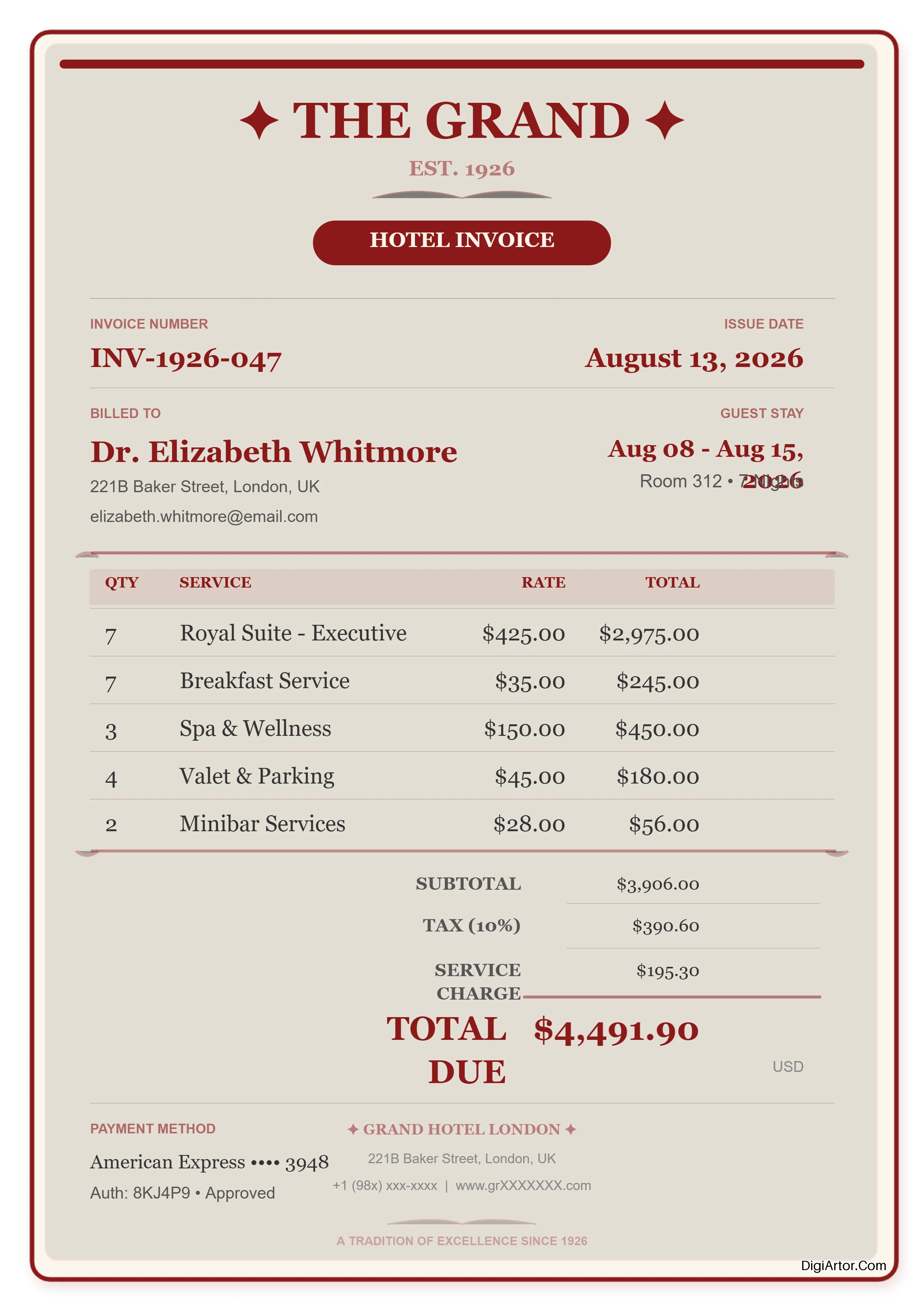 Vintage Hotel Invoice Editable Template Reference Image