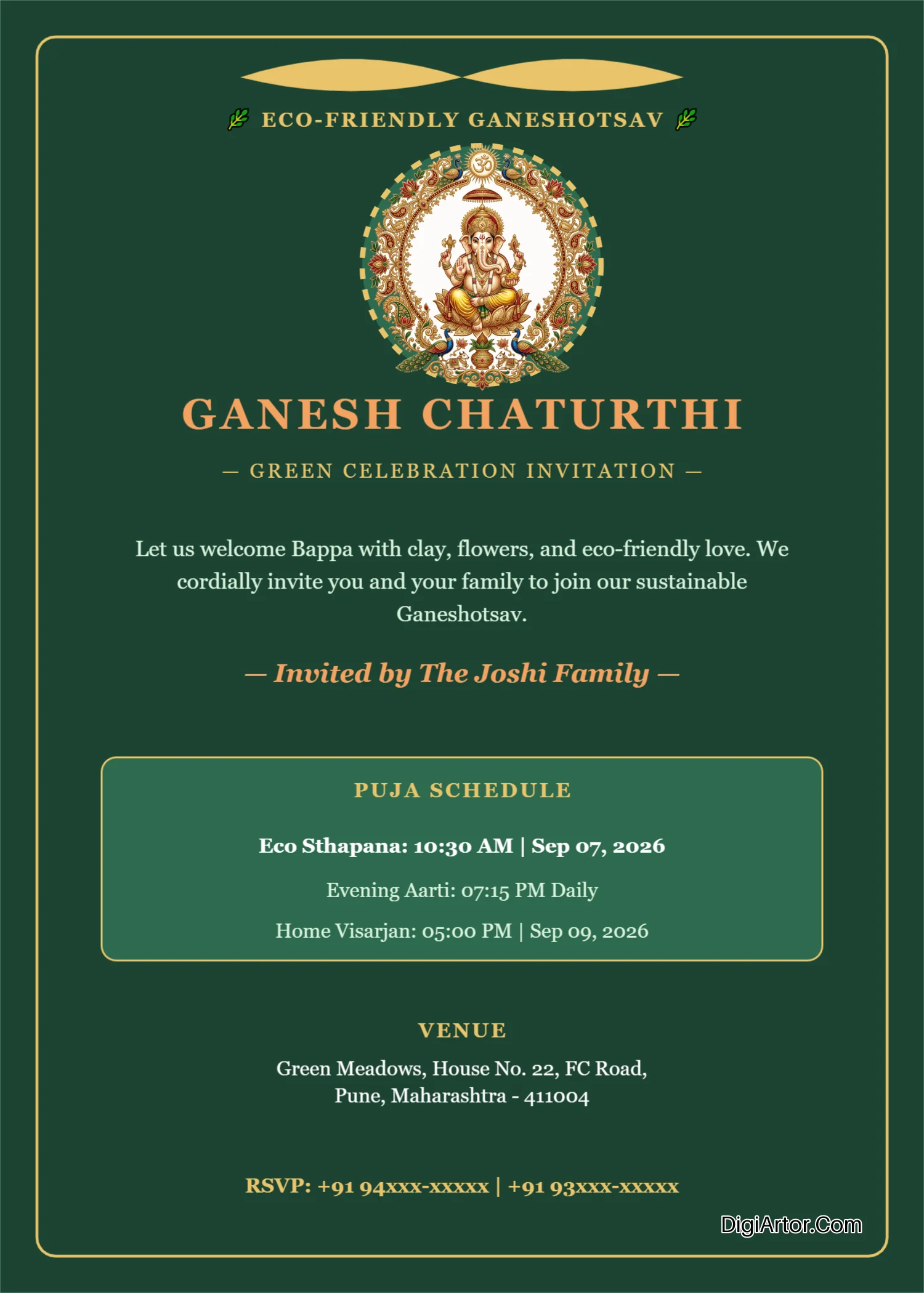 Create EcoFriendly Ganesh Chaturthi Invitation Card Online Editable Template Reference Image